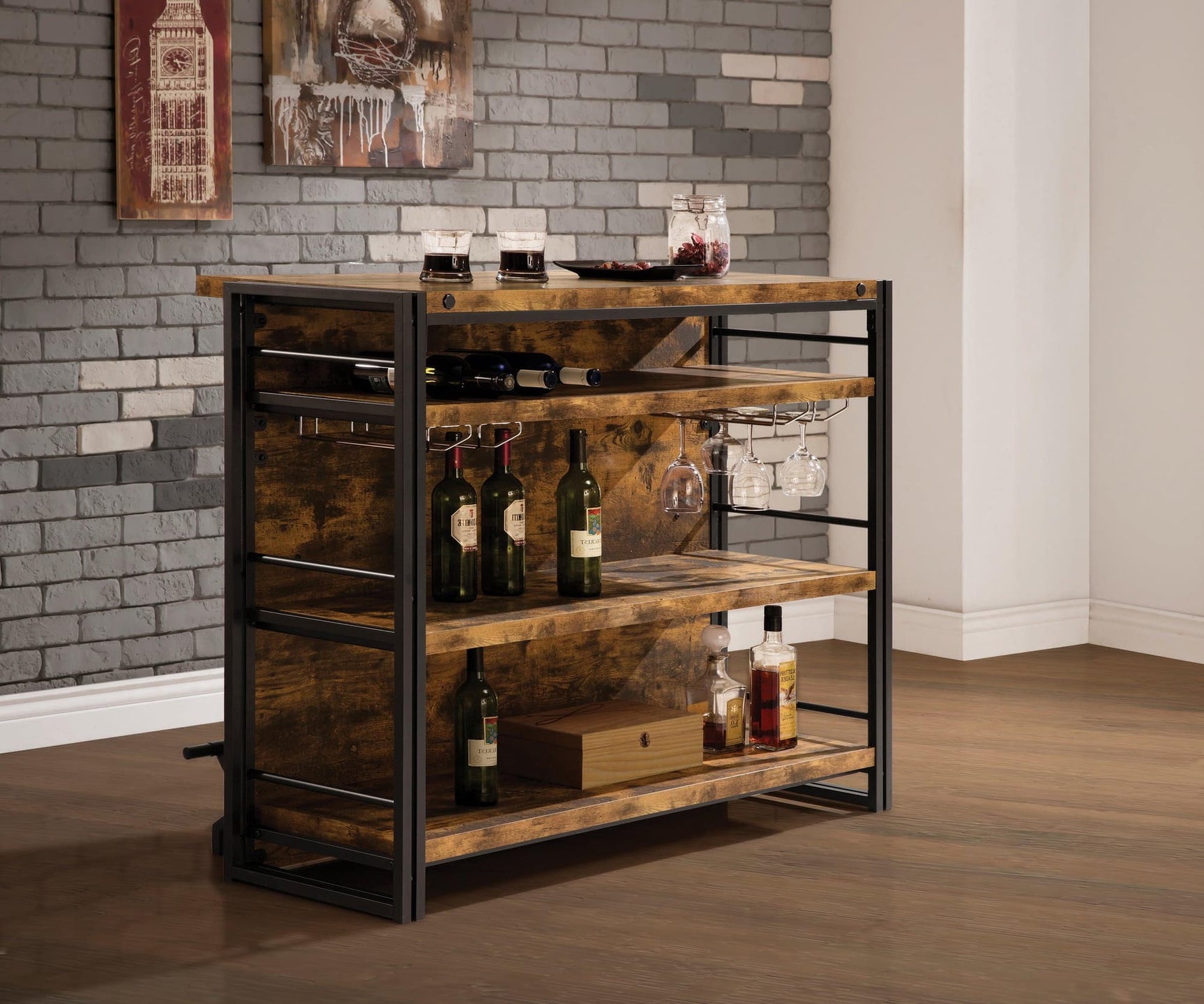 Renaldi Bar Unit with Stemware Rack Antique Nutmeg front view