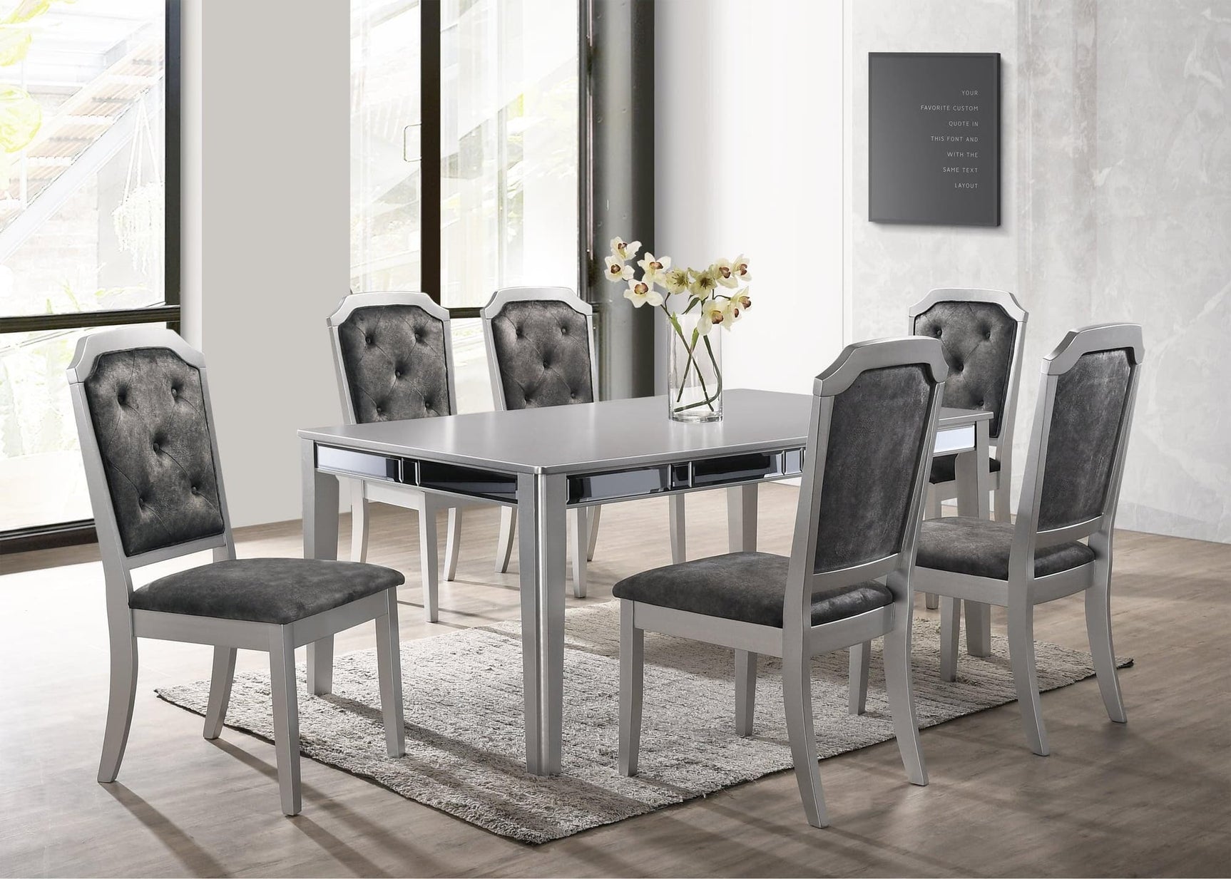 Front view of Travis Silver Metallic Glass Dining Table with six chairs