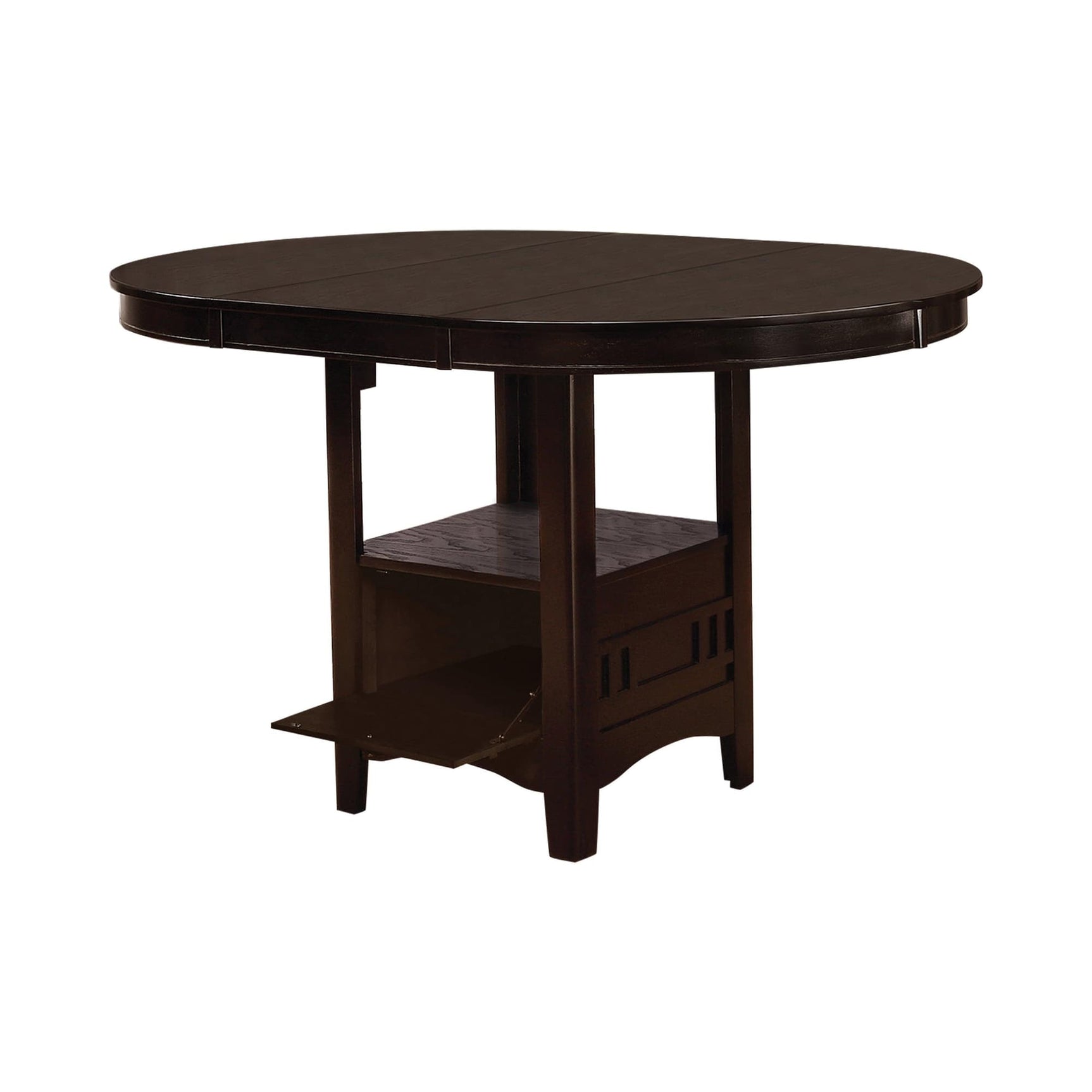 Lavon Oval Espresso Counter Height Table front view with storage base