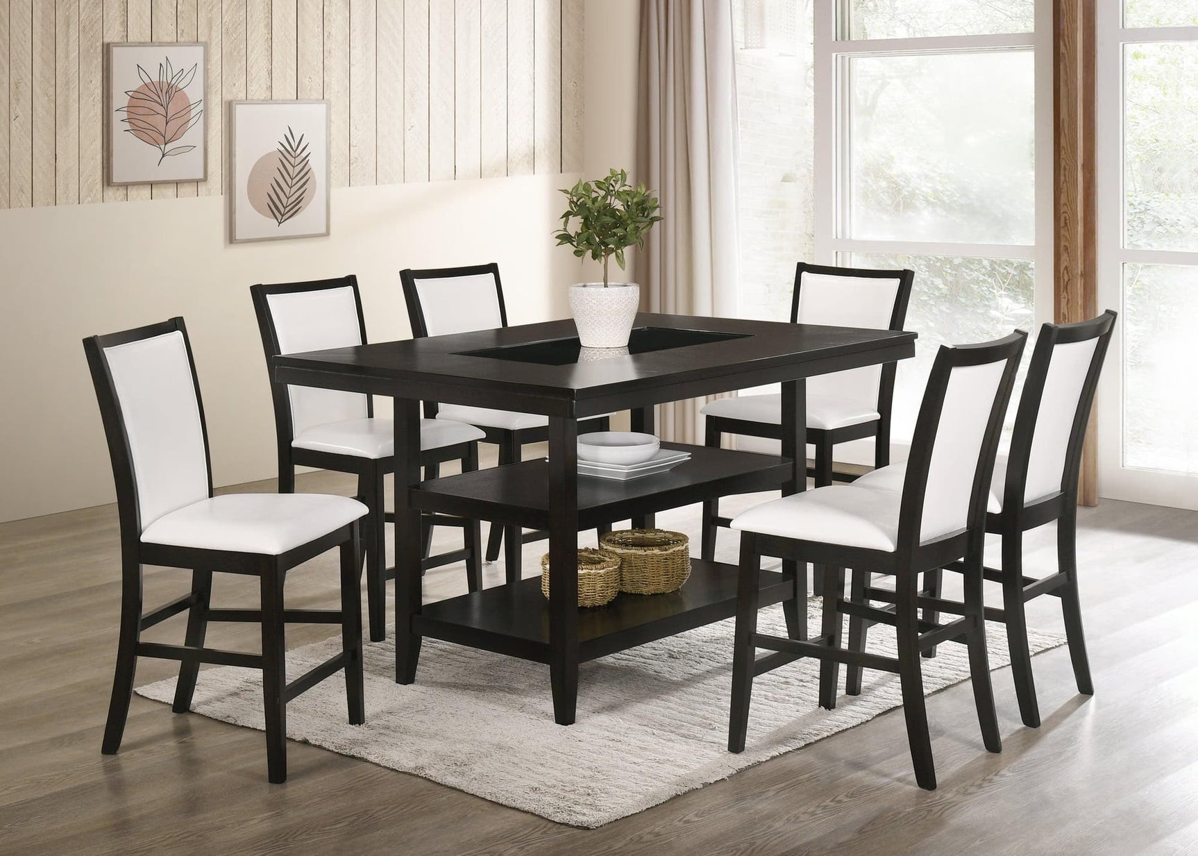 Condor white espresso solid wood counter height dining table with six white faux leather chairs