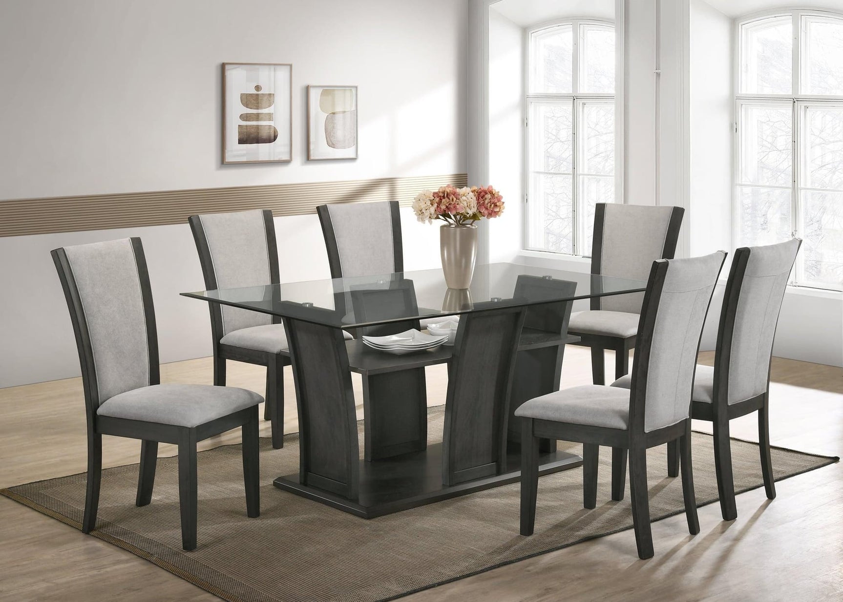 Florida Grey rectangular glass dining table with six grey linen chairs front view