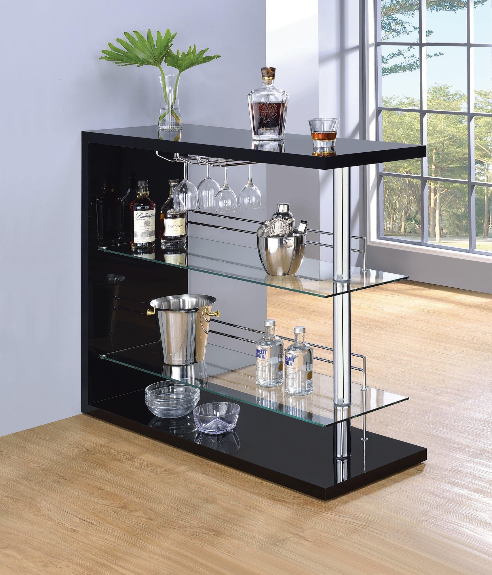 Prescott glossy black rectangular 2-shelf bar unit front angle