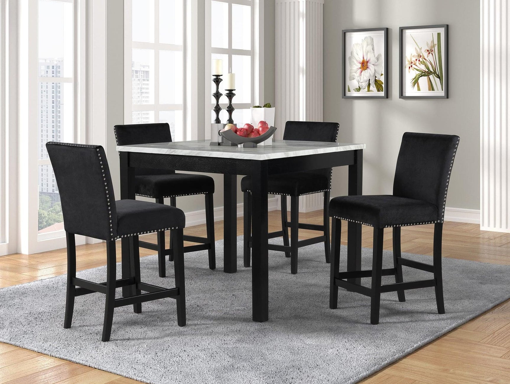 Dior Black Velvet Dining Room Set with marble top table and four velvet chairs from front angle