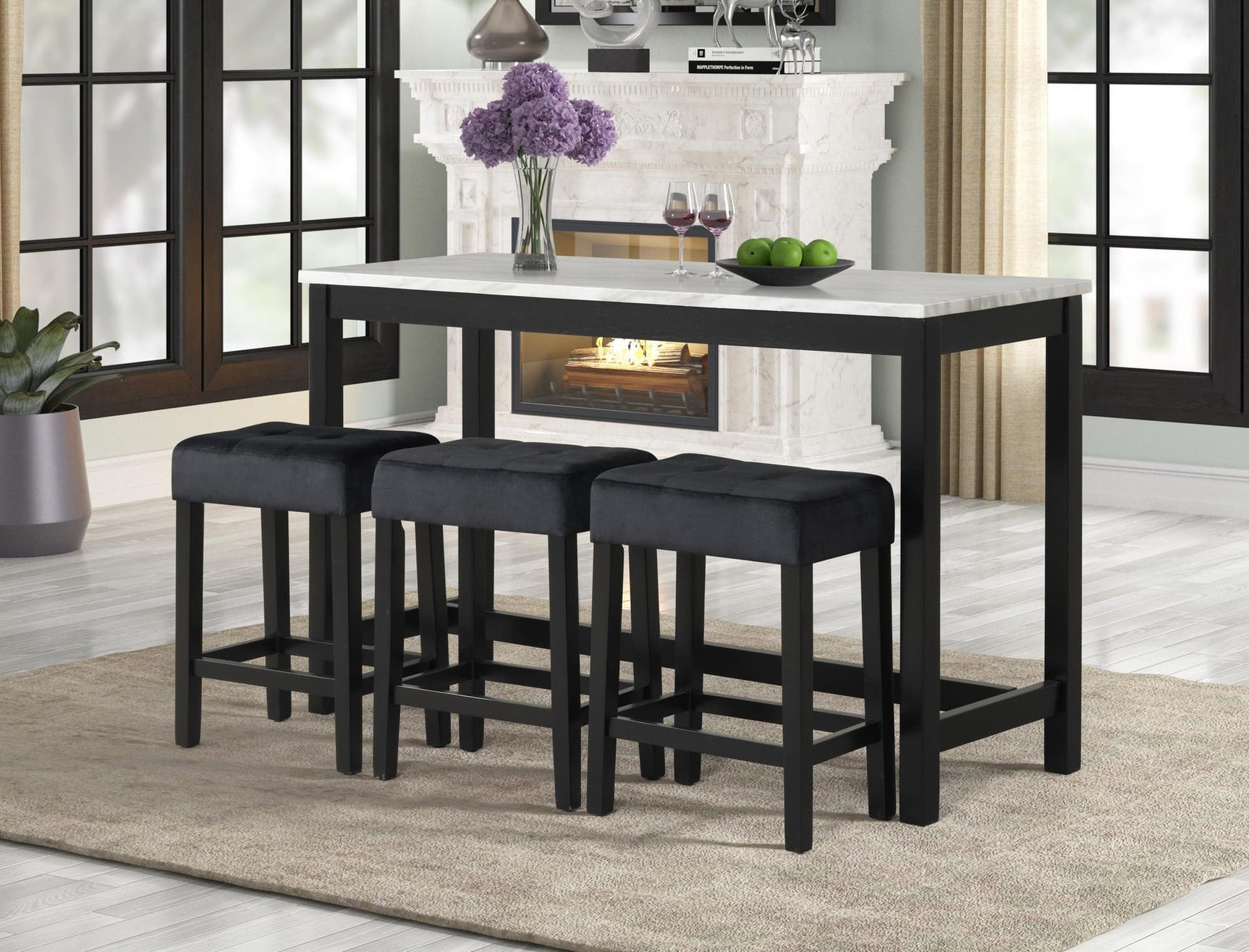 Gloria Black Pub Table with 3 Black Velvet Chairs featuring white faux marble table top and black velvet stools