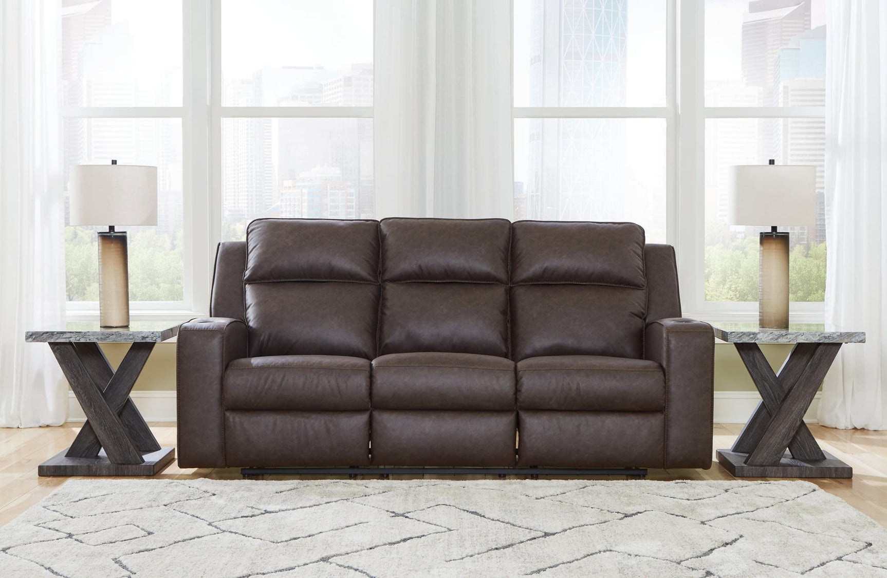 Lavenhorne Umber Faux Leather Reclining Sofa front view
