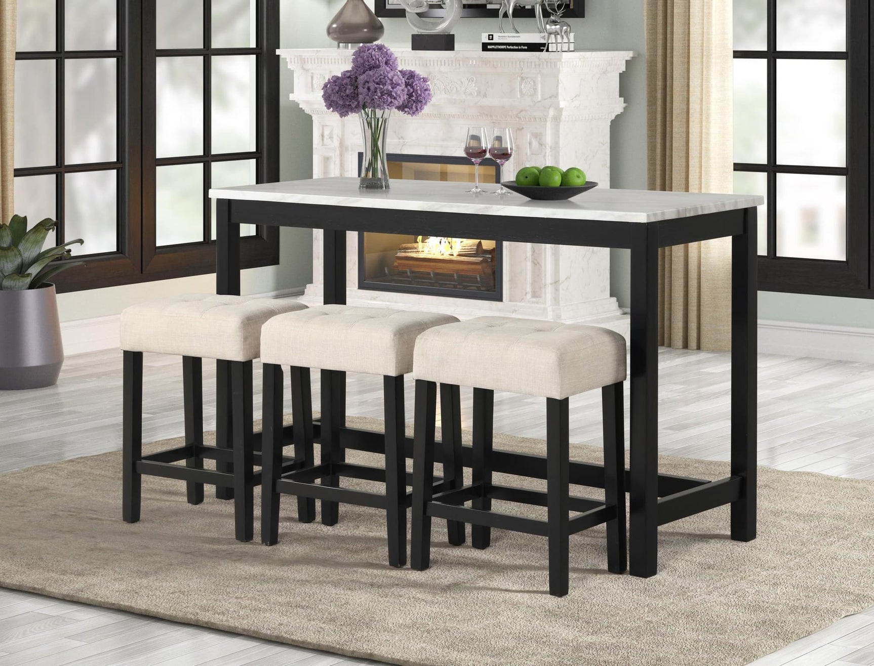 Gloria White Pub Table with 3 linen fabric chairs front view