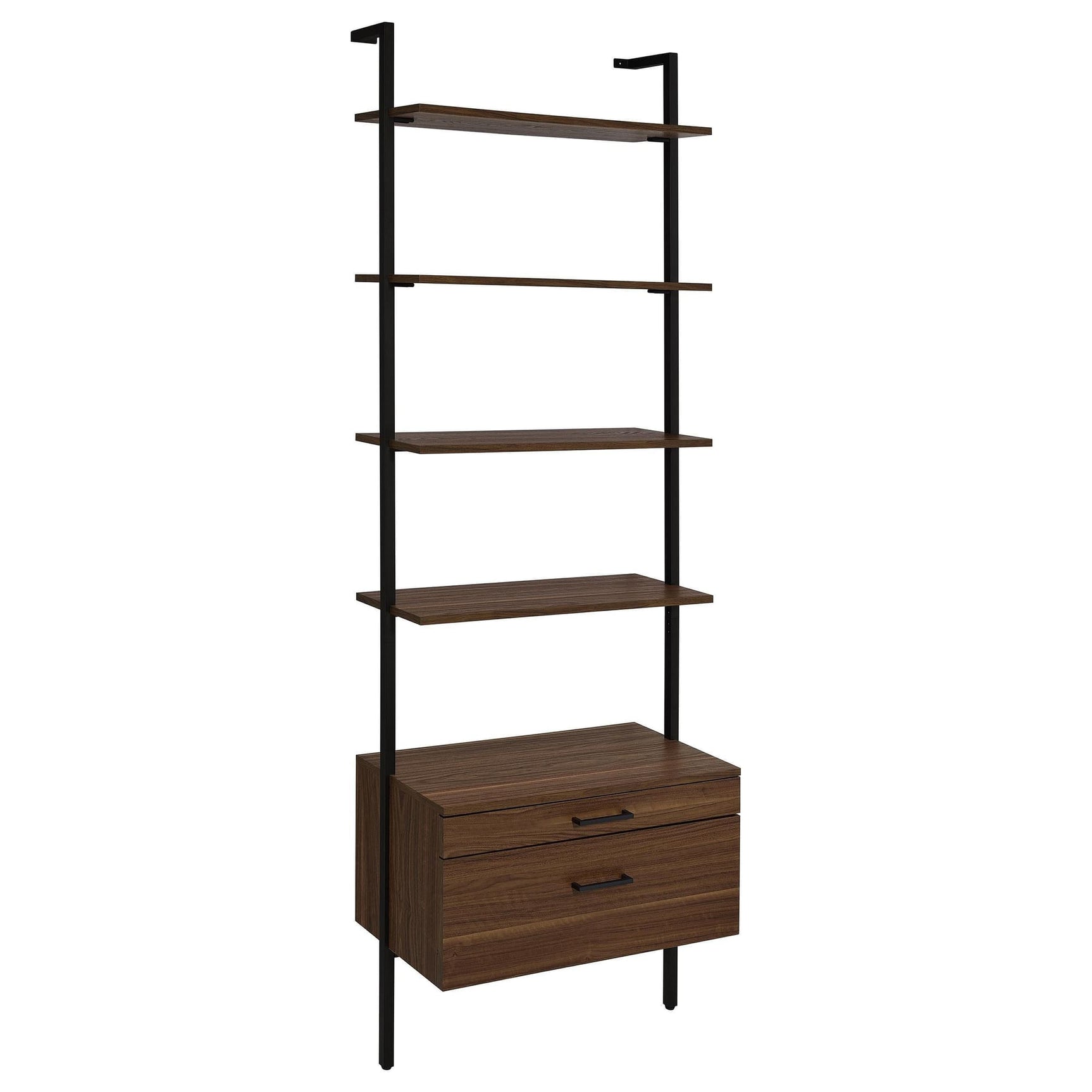Gors bookcase front angle showing walnut shelves and black metal frame