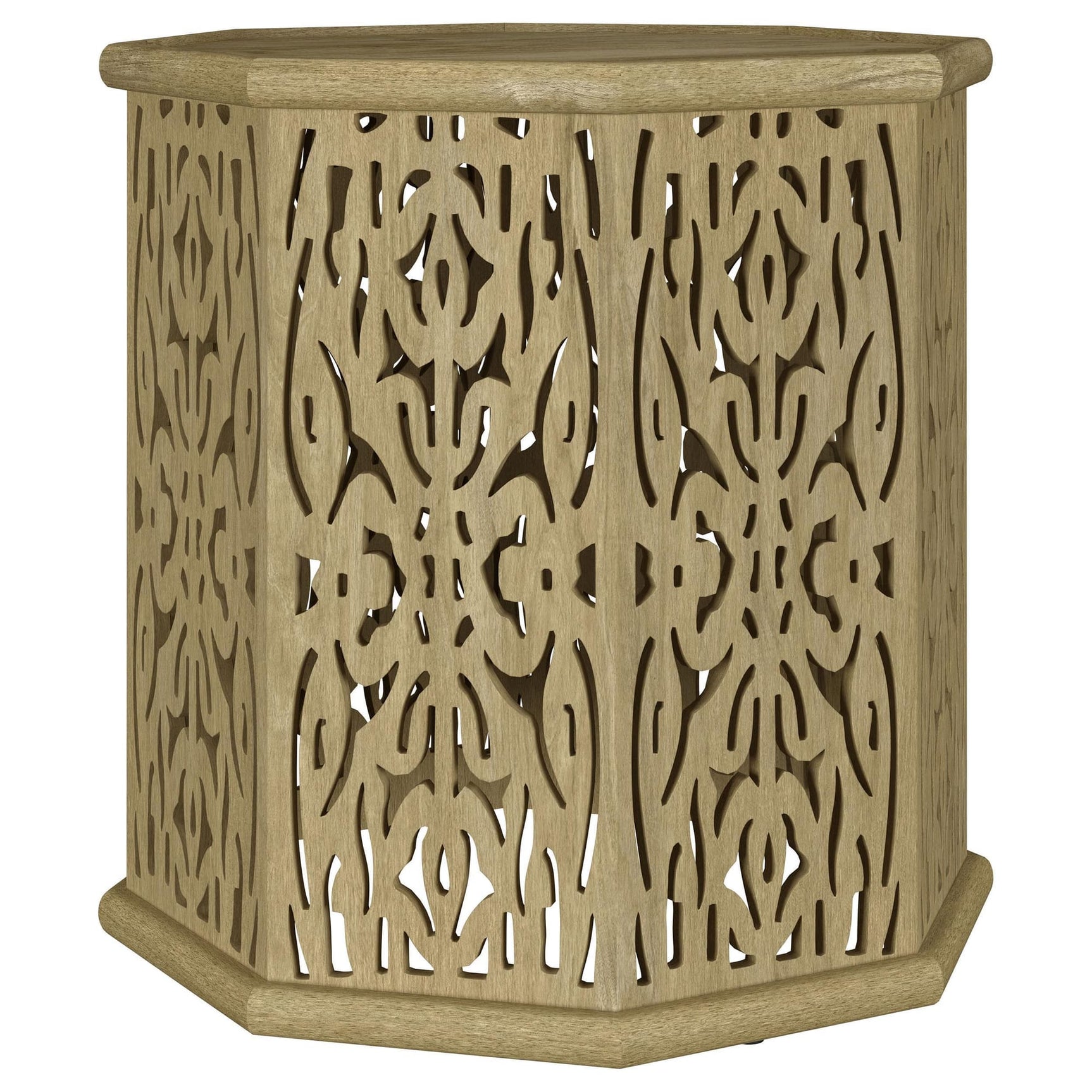 Torres Octagonal Solid Mango Wood Side Table Natural Brown, side angle showing carvings