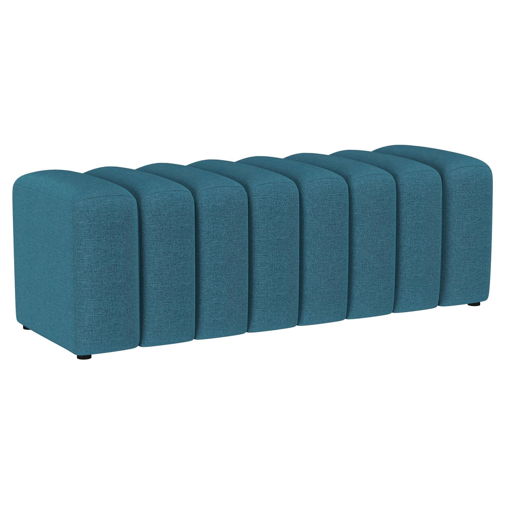 Summer accent bench upholstered in peacock blue tufted fabric, angled view