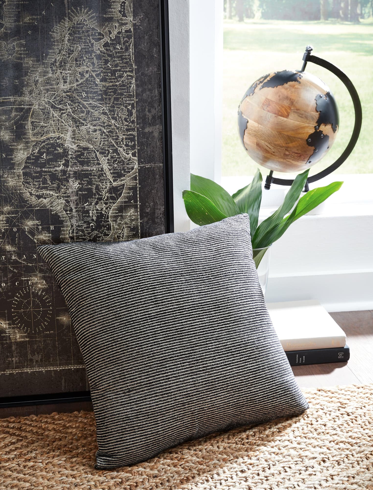 Front view of Edelmont Black and Linen Striped Pillow