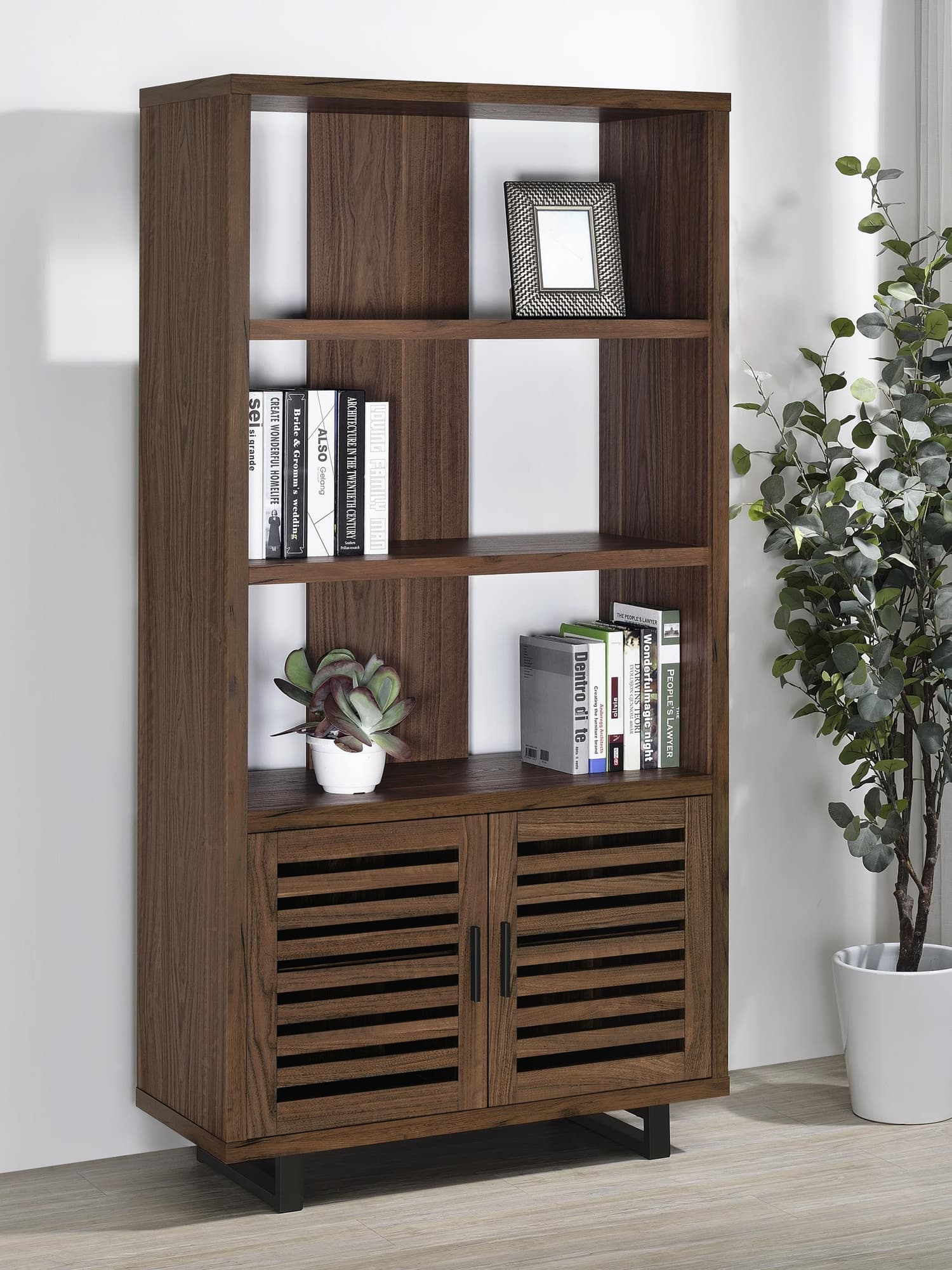 Turamba Brown Walnut Finish Bookcase angled view