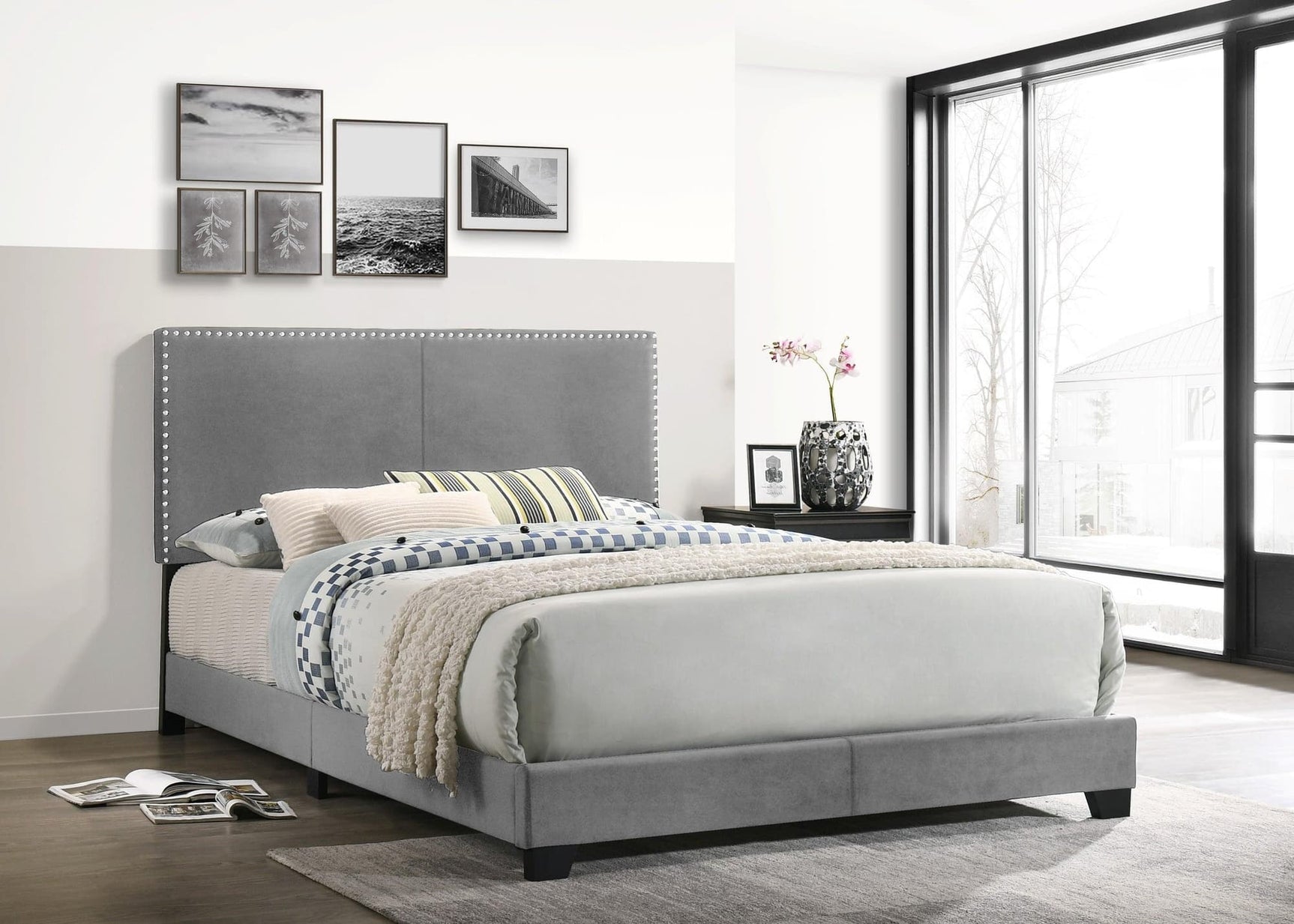 Doom Gray Velvet Upholstered Platform Full Bed front angle
