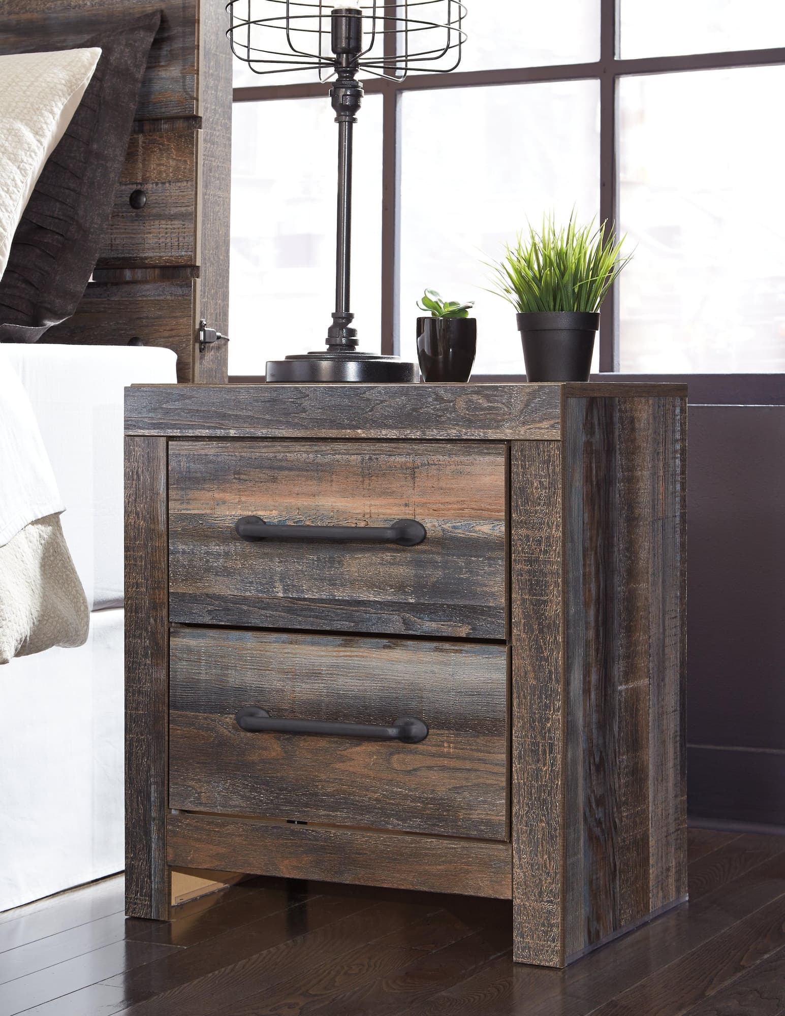 Drystan multi-color rustic industrial nightstand angled view