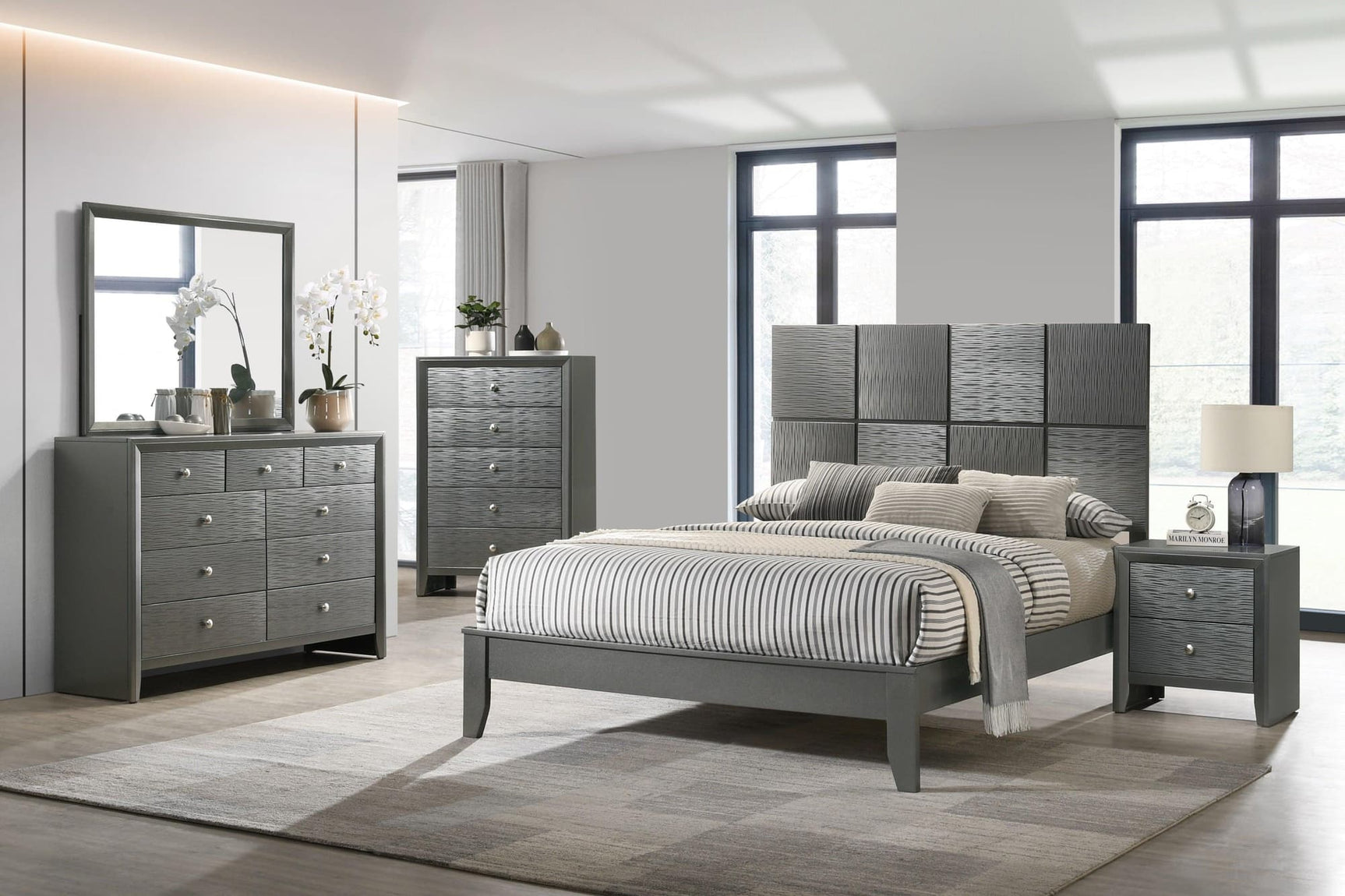 main view of Denker Gunmetal Panel Bedroom Set bed