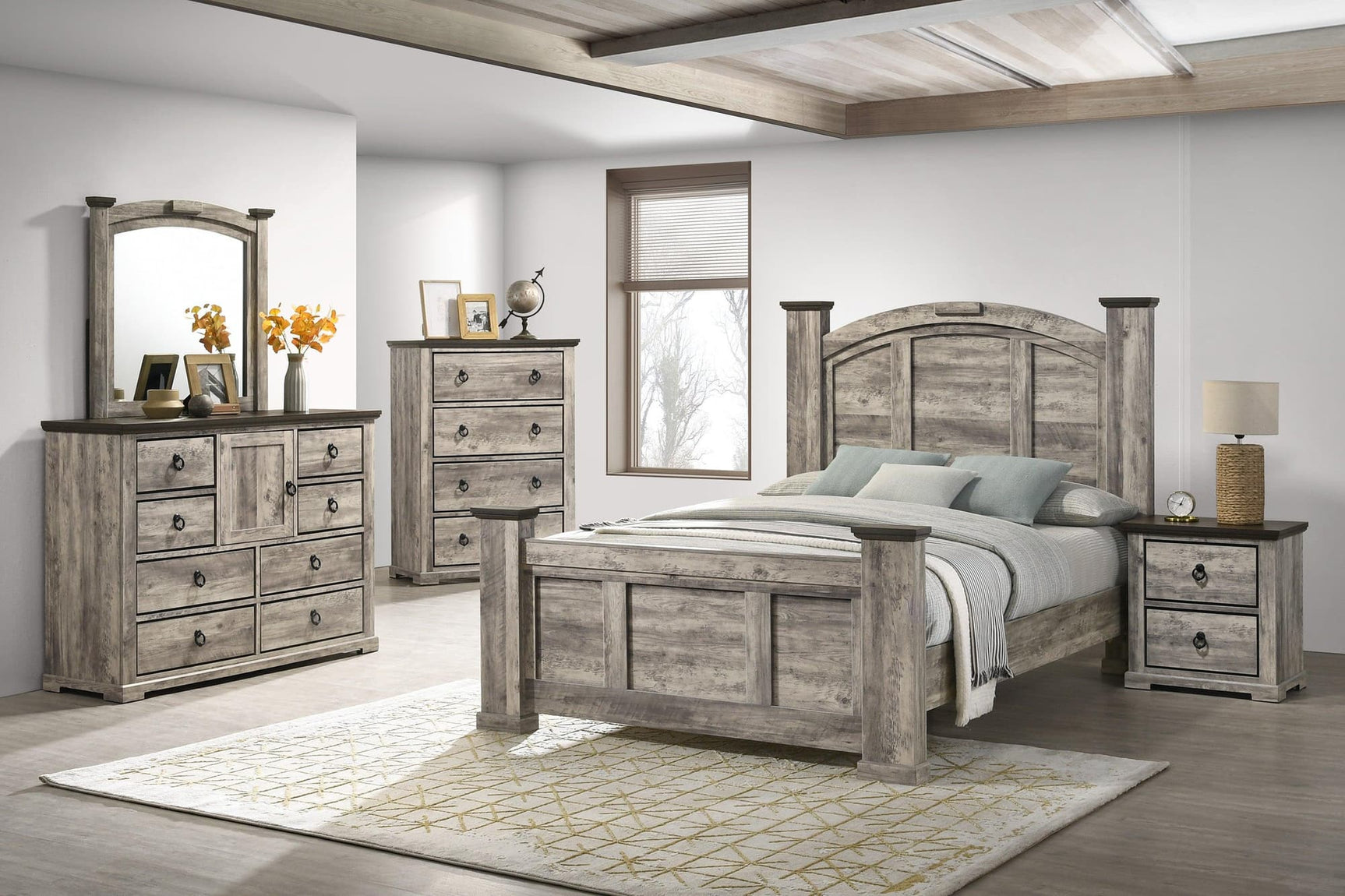Ella Mae Gray four poster bedroom set main view showing bed and nightstand