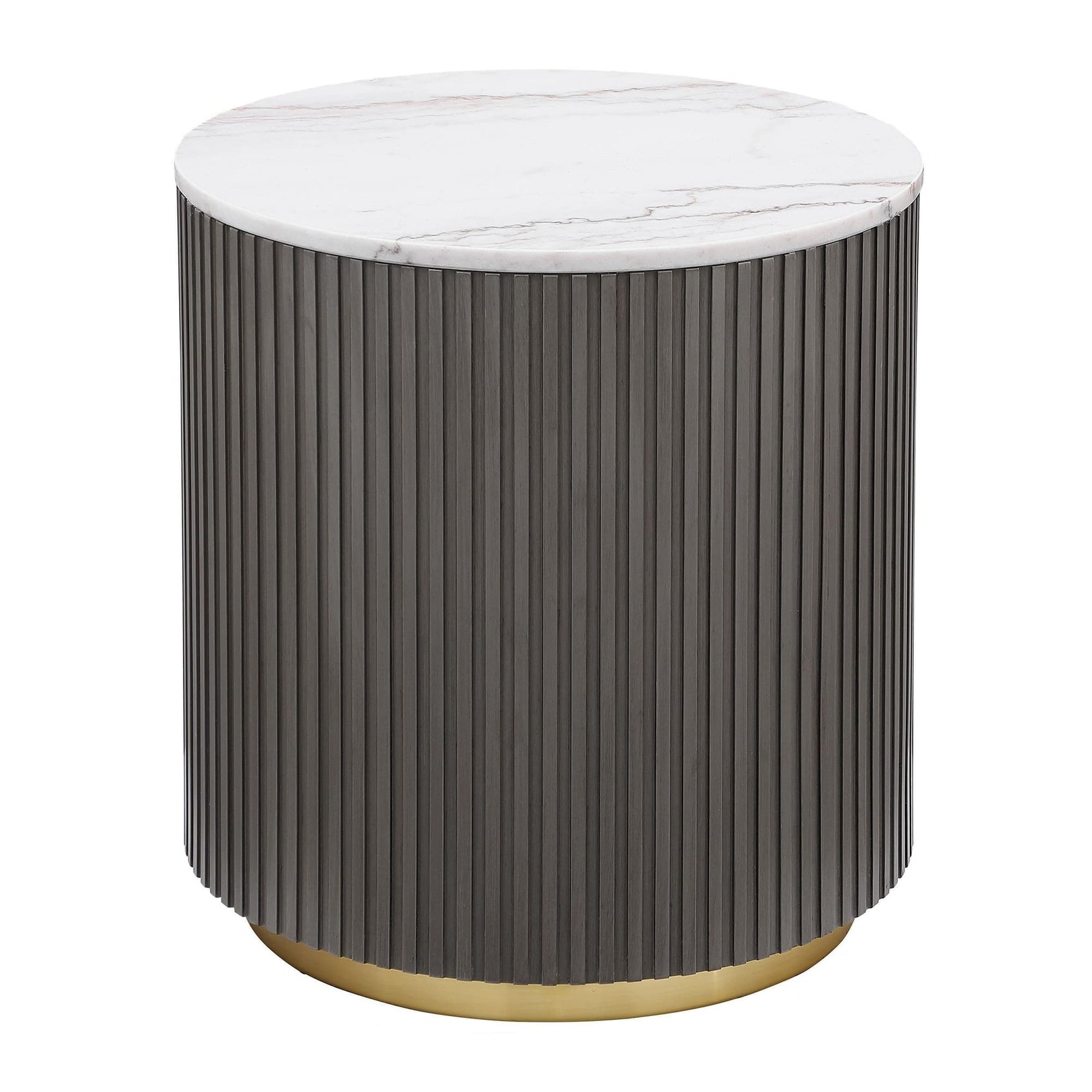 Jason Round Side Table with white marble top and charcoal metal base, front view