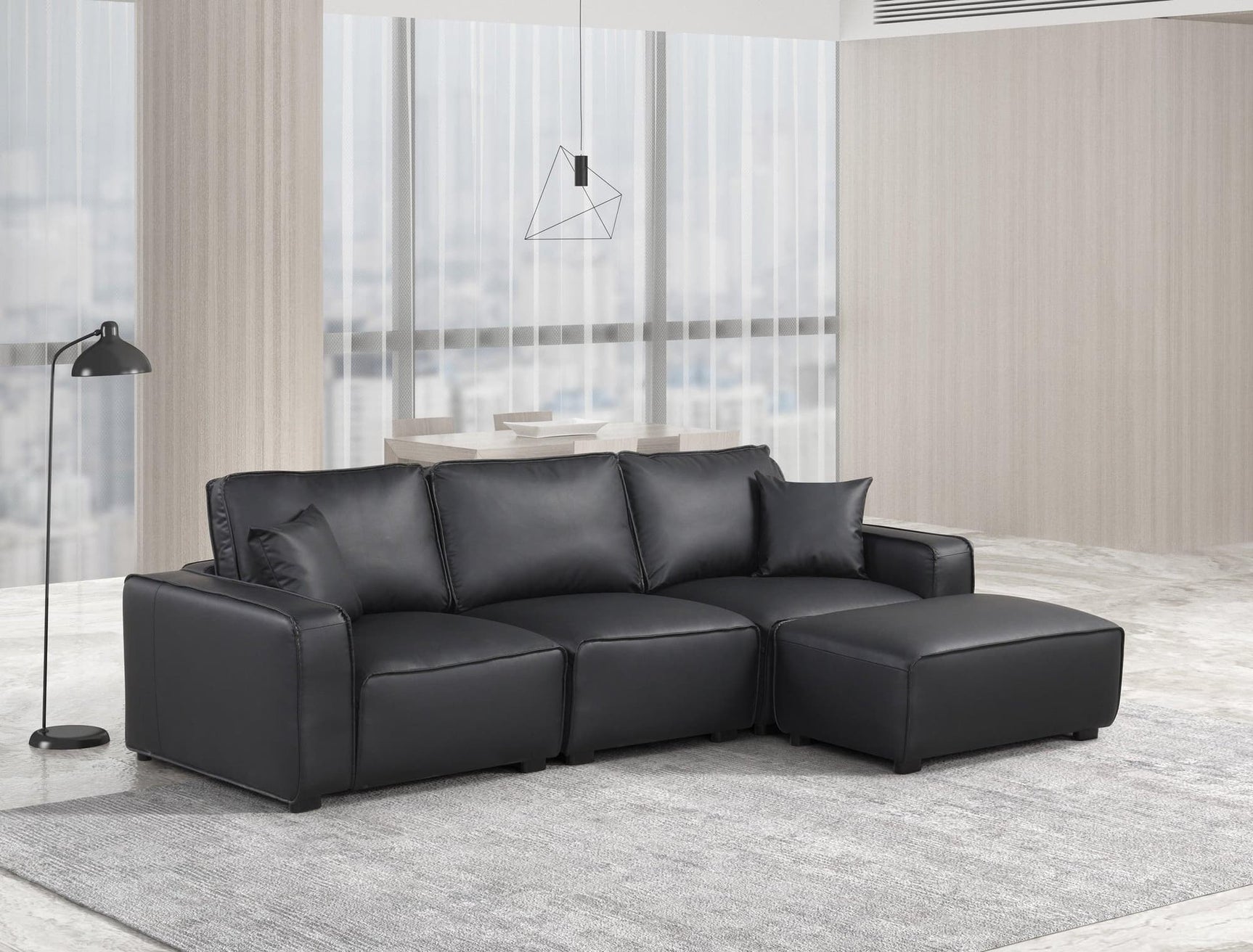 Columbia sectional sofa in black faux leather, front view