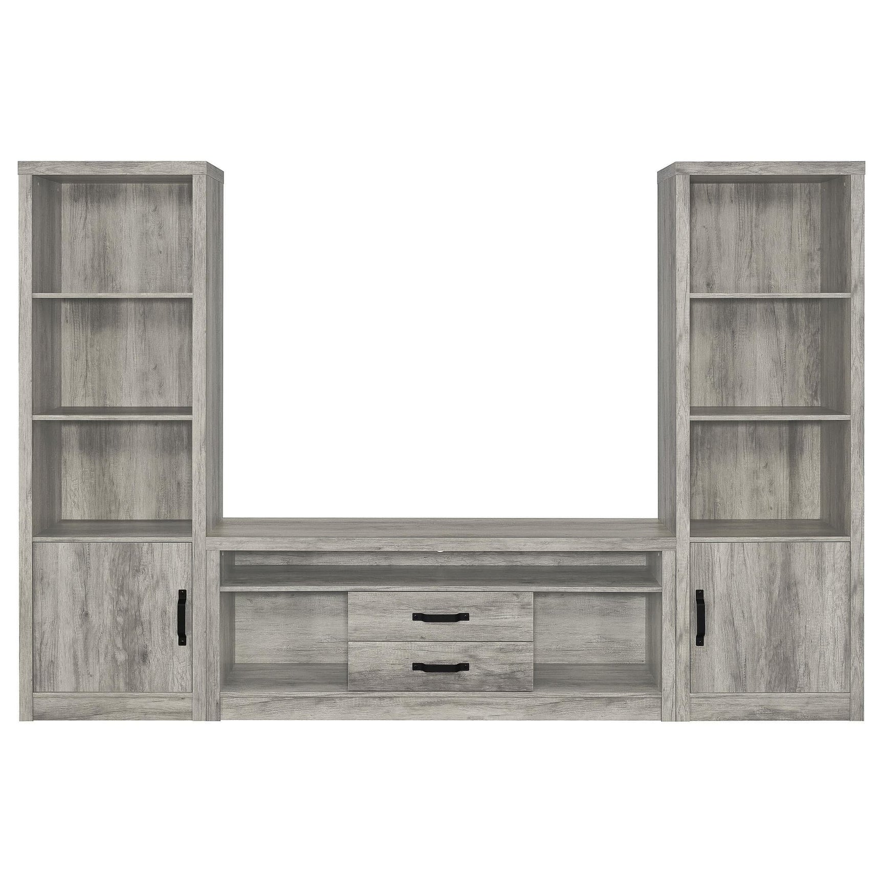Burke 3-piece 59 inch grey driftwood TV entertainment center front view