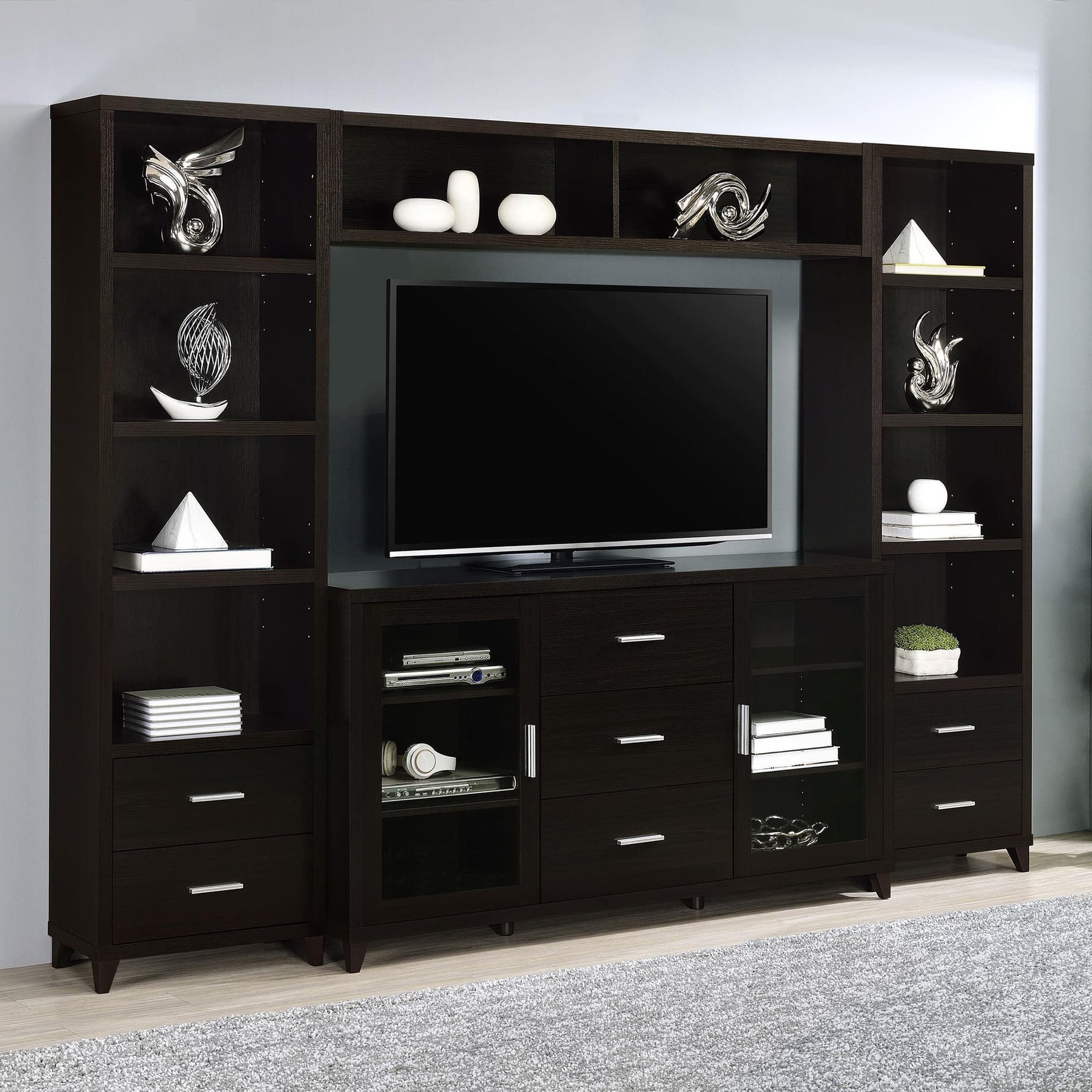 Lewes 4-piece 60" TV Entertainment Center frontal view in cappuccino finish
