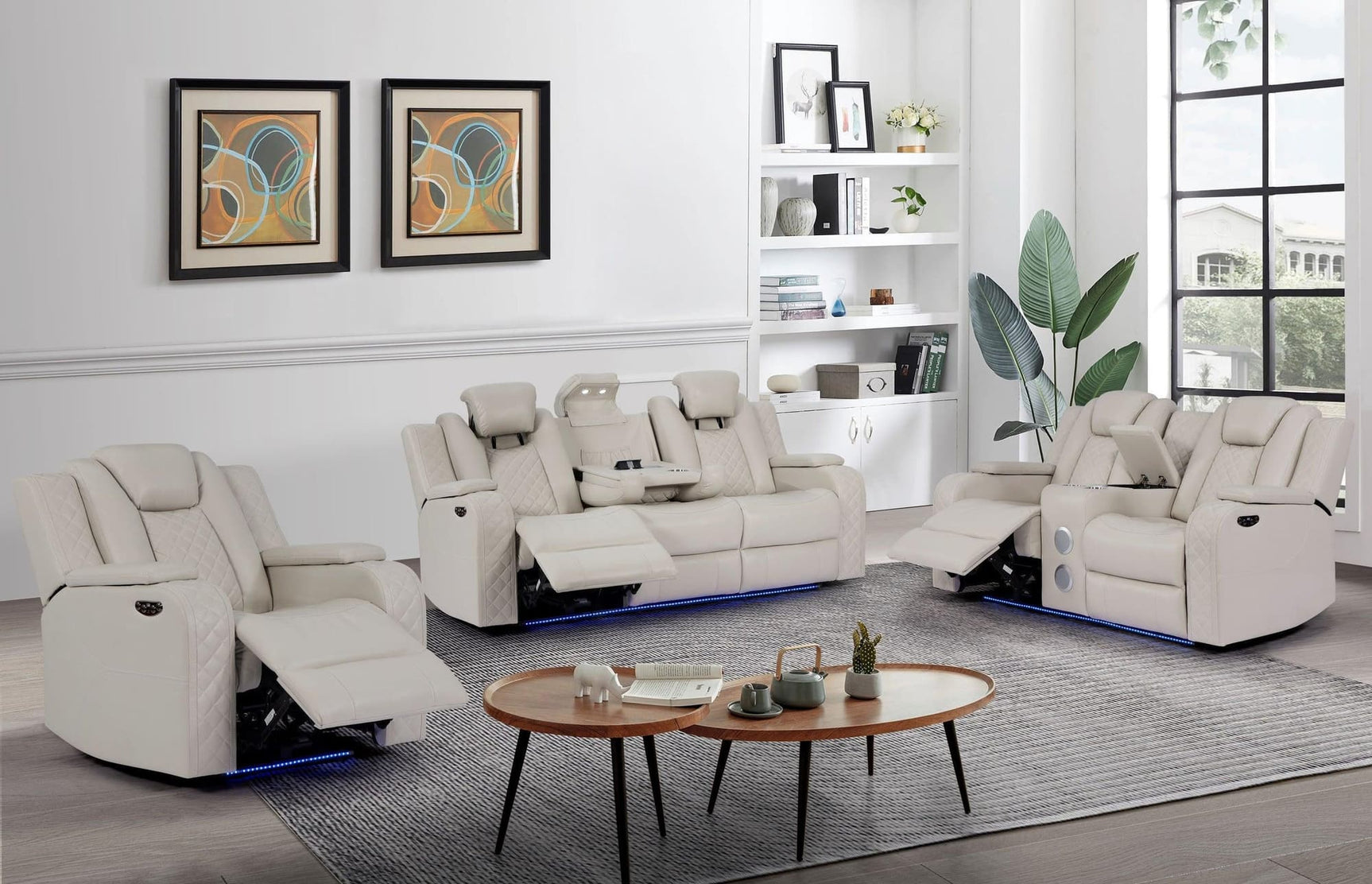 Galaxy Sand faux leather power reclining sofa set front view