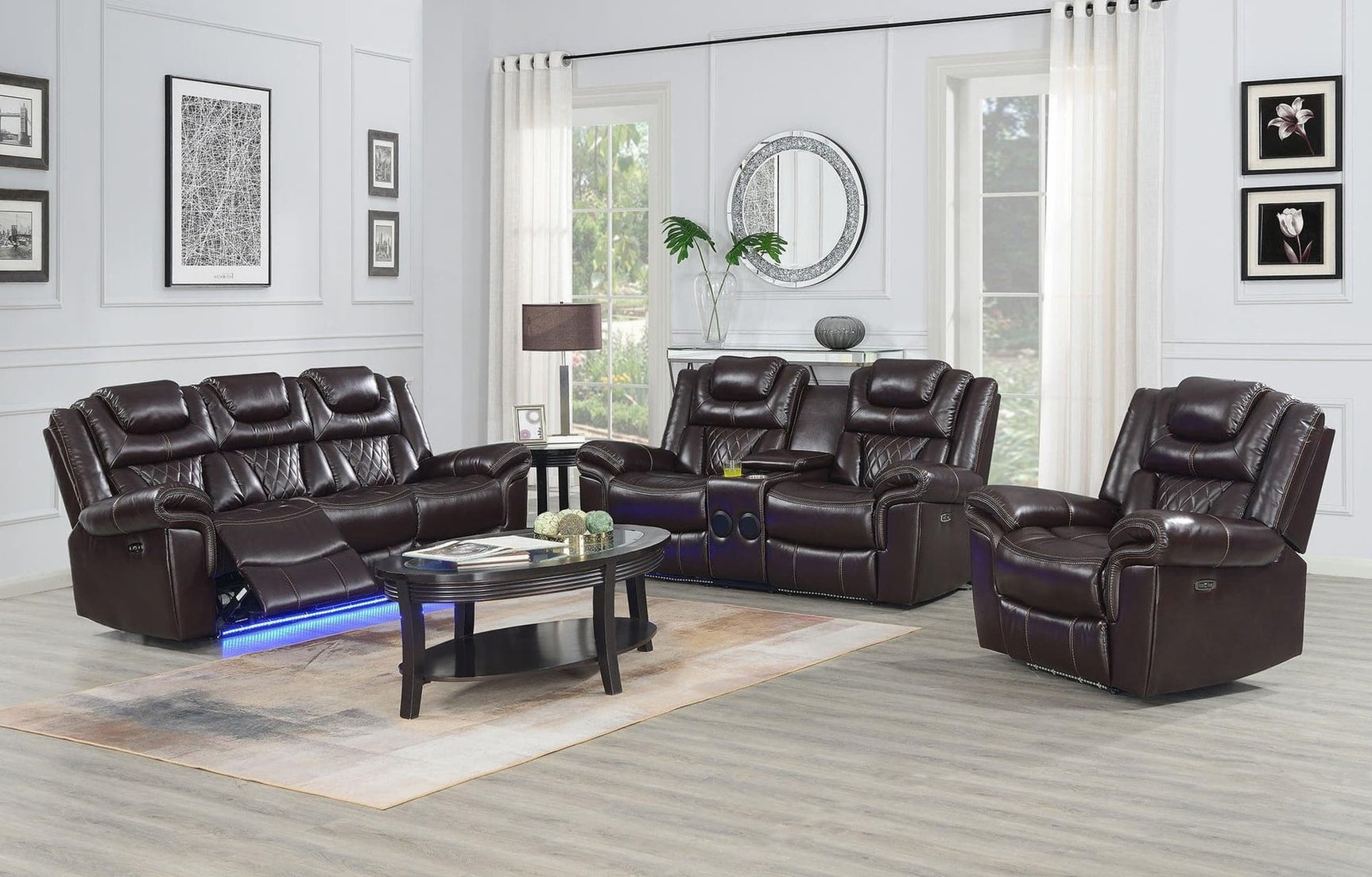 Alexa 3-piece brown faux leather power reclining living room set front view