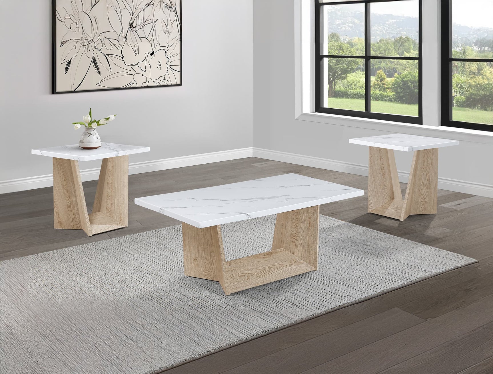 Adea white oak 3-piece coffee table set top view