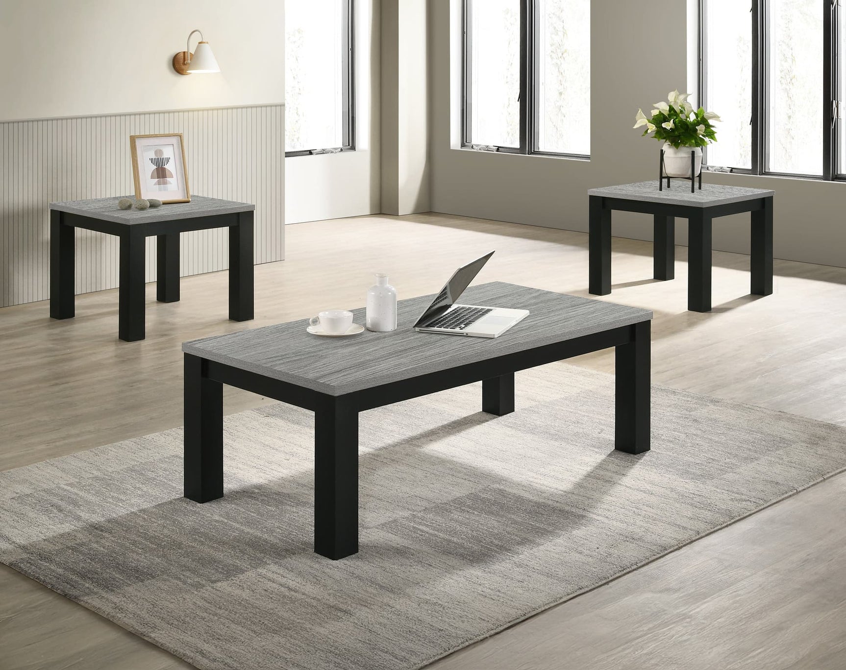 Theo Gray and Black 3-Piece Coffee Table Set front view