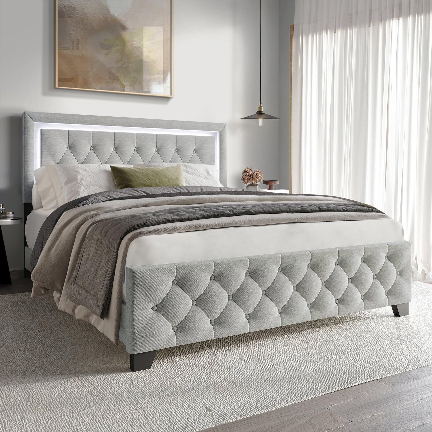 Oluma Gray Upholstered Tufted Panel Twin Bed front view