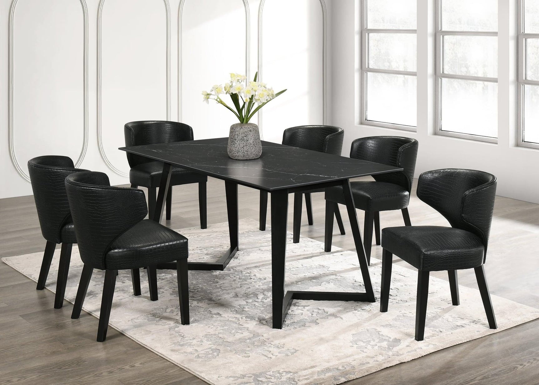 Front view of Hamilton Onyx black PU dining table with six chairs