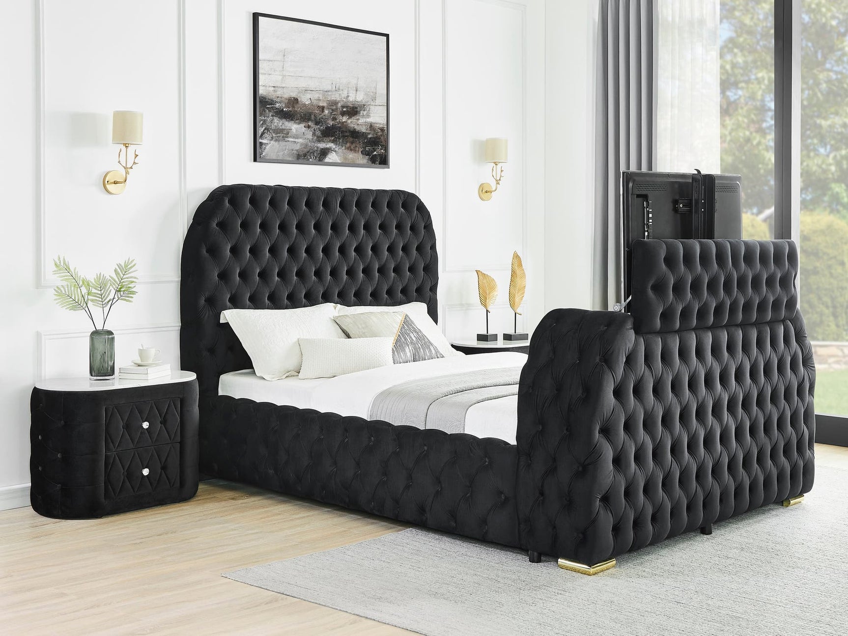 Natalia Black Upholstered Tufted King Panel Bed frontal view