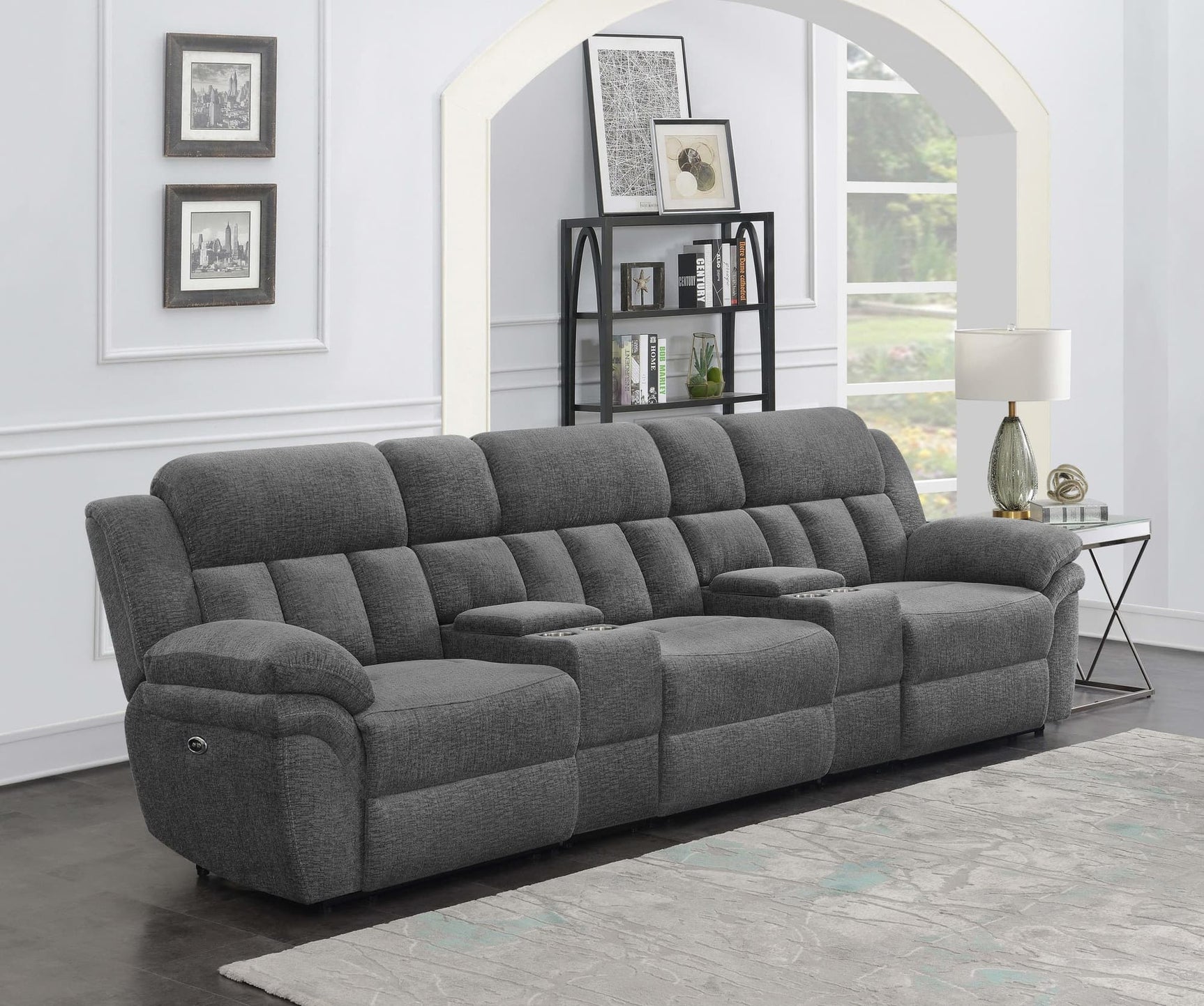 Bahrain 5-piece power home theater seating in charcoal fabric front angle