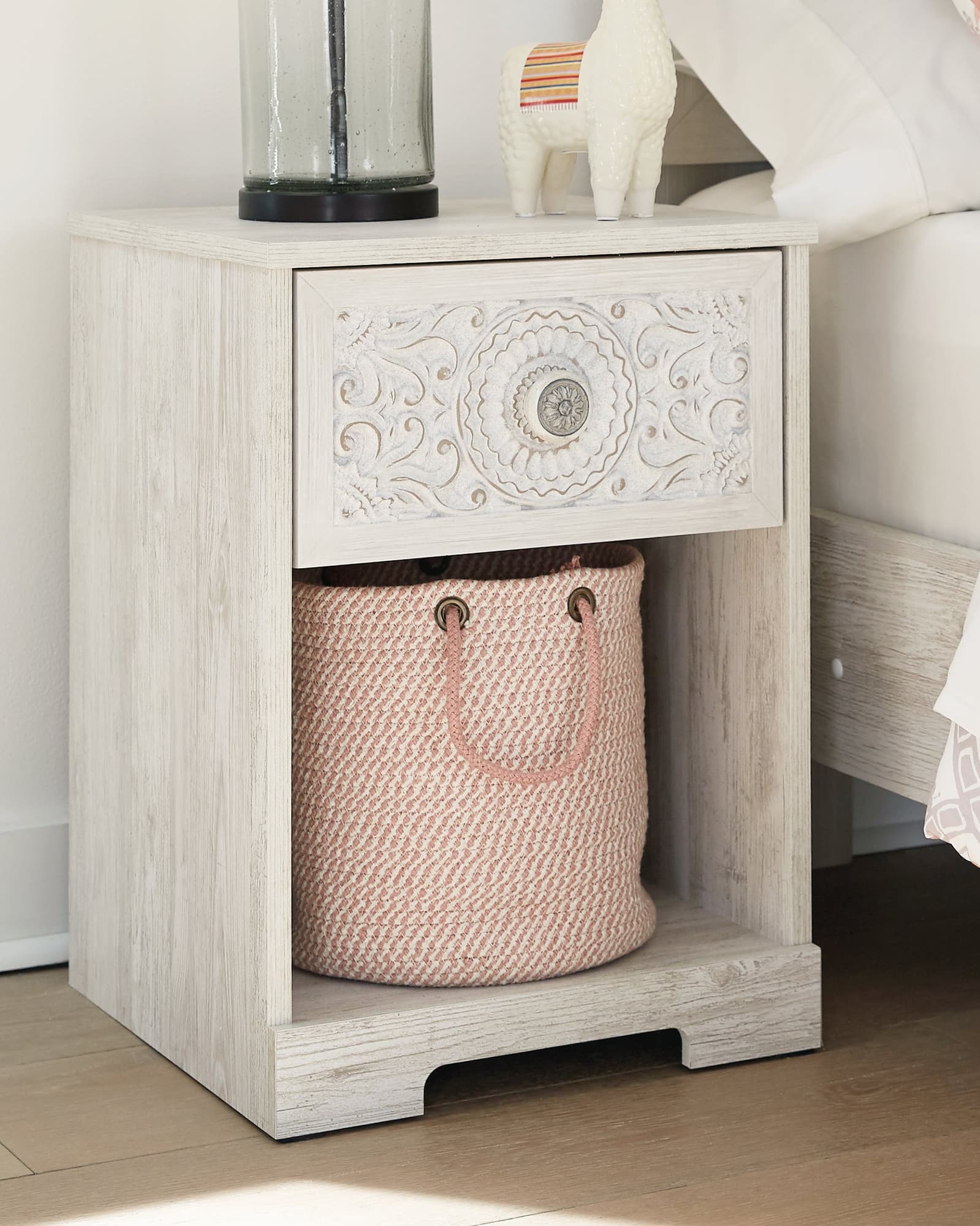 Paxberry Whitewash Nightstand front angle showing drawer closed