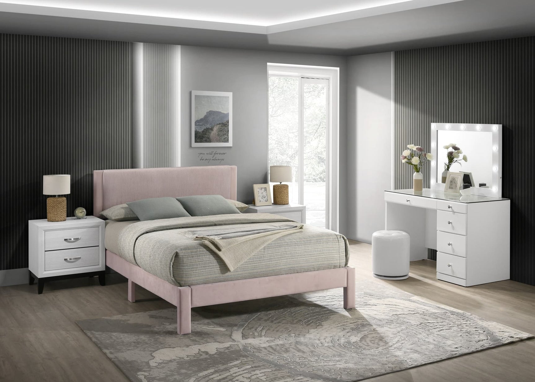 Lucia Pink Upholstered Platform Queen Bed front view