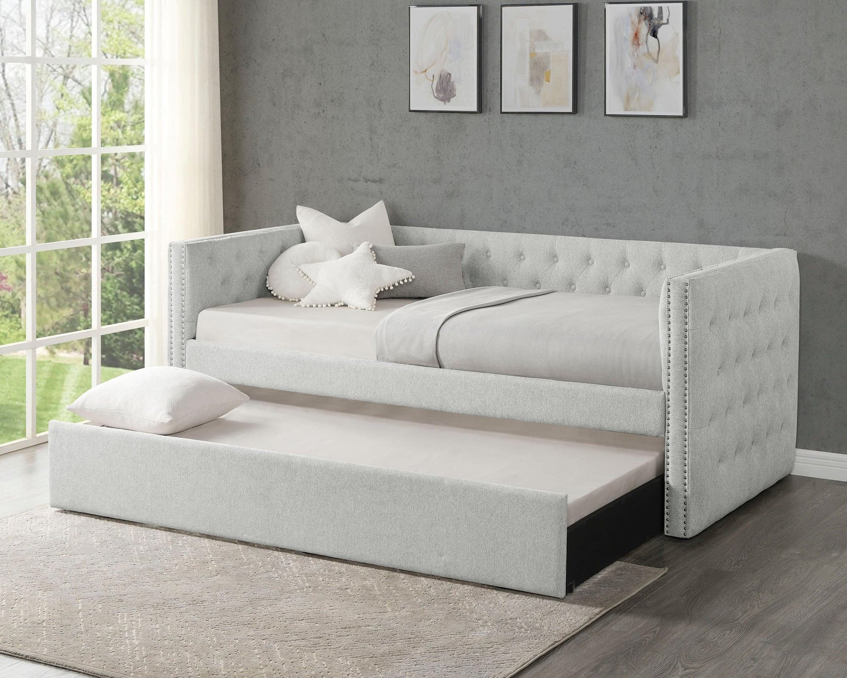 Trina Dove Gray Upholstered Tufted Trundle Daybed front angle