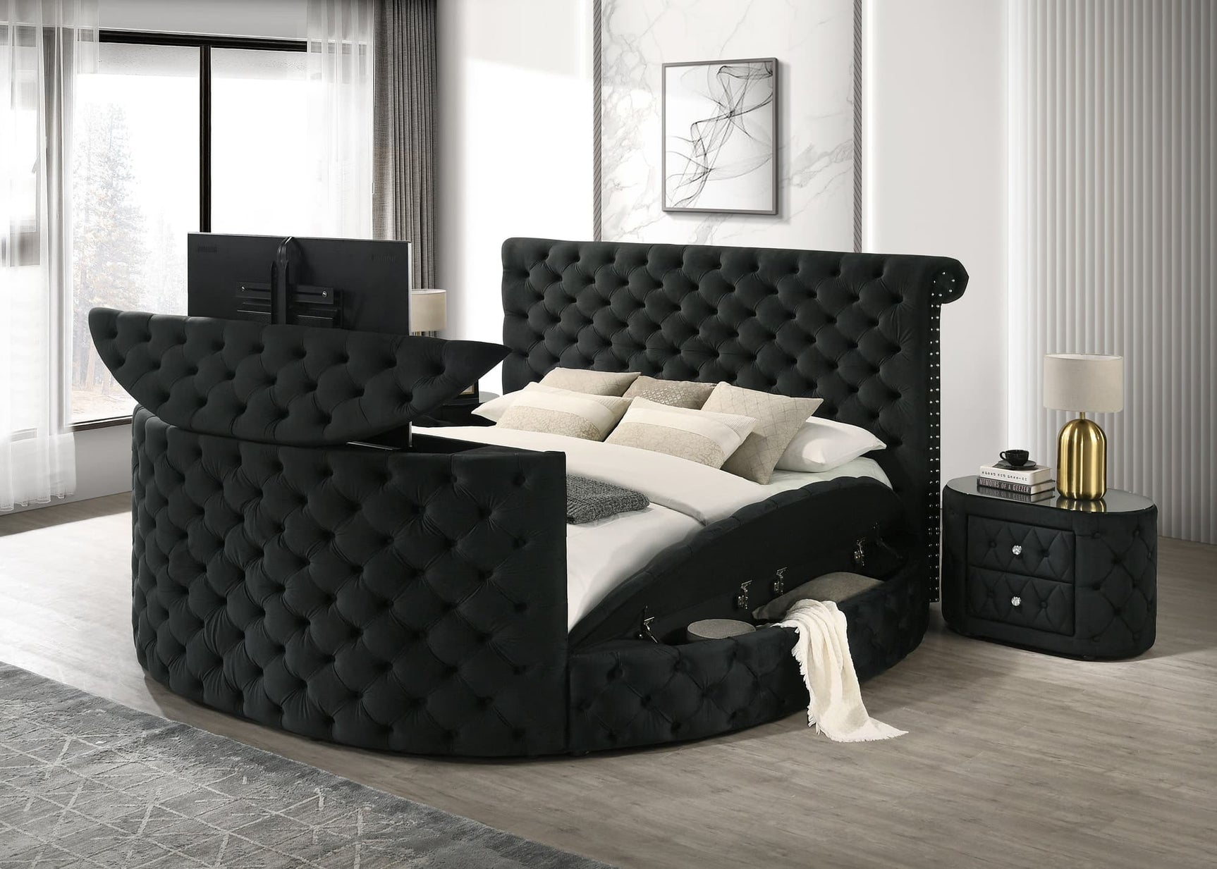 Voltare Black Upholstered Tufted Panel Queen Bed front view