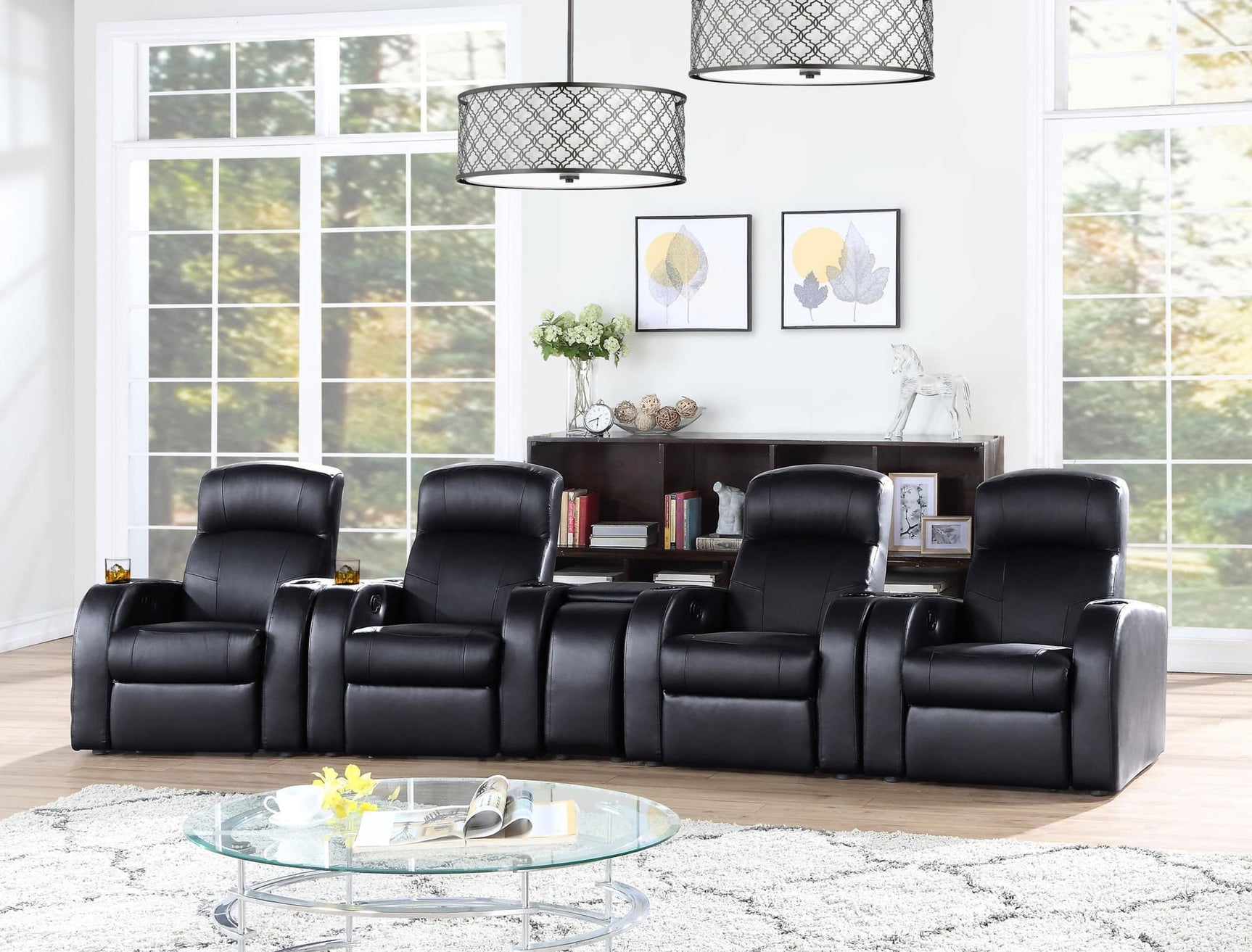 Cyrus 5-piece black upholstered home theater seating set front view