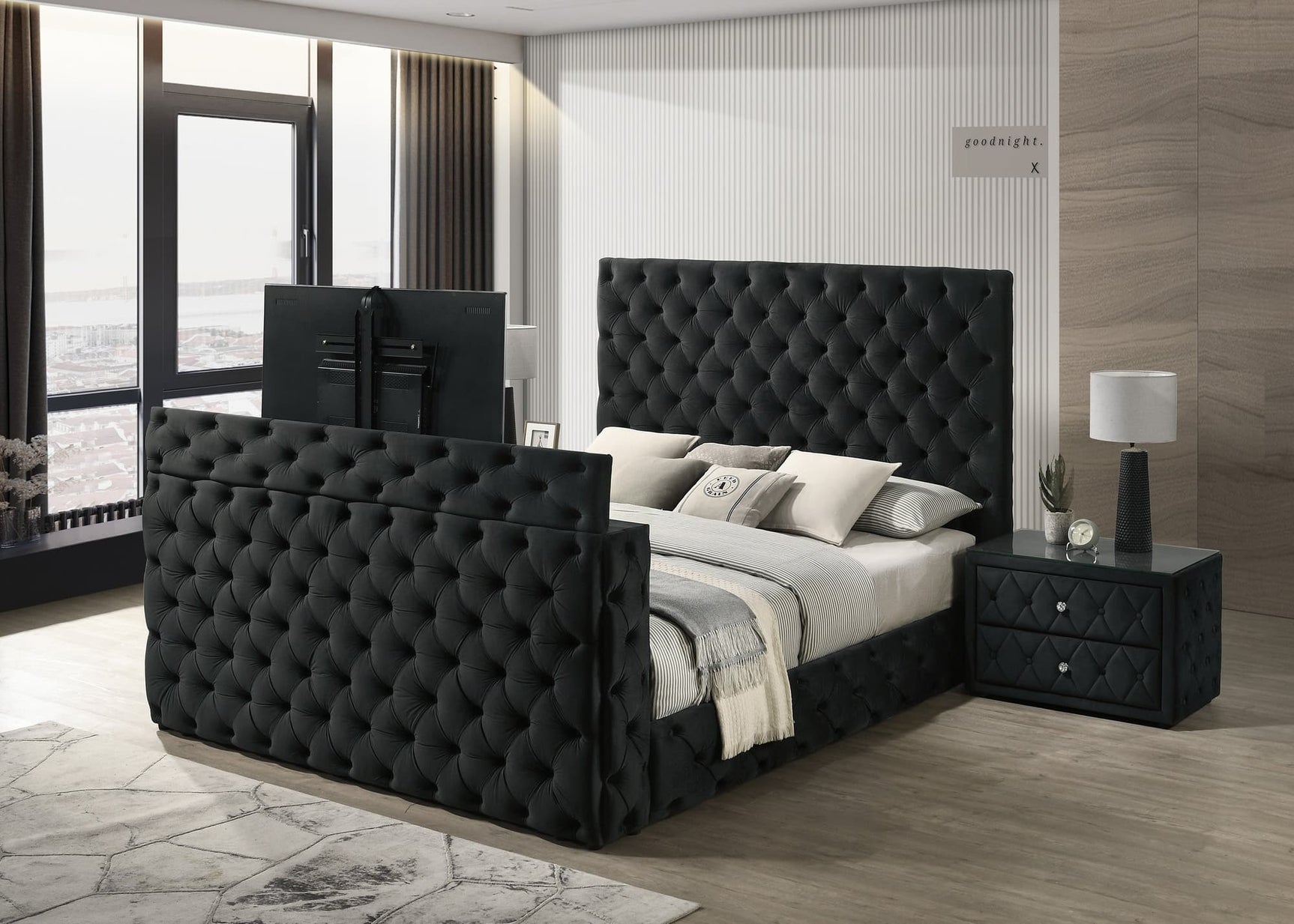 Josephine Black Tufted Upholstered Queen Bed front view