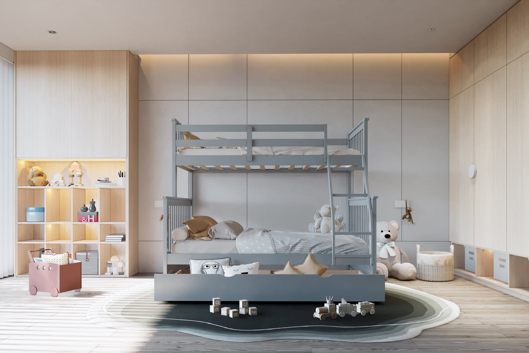 Gray Solid Wood Twin Over Full Trundle Bunk Bed, front view