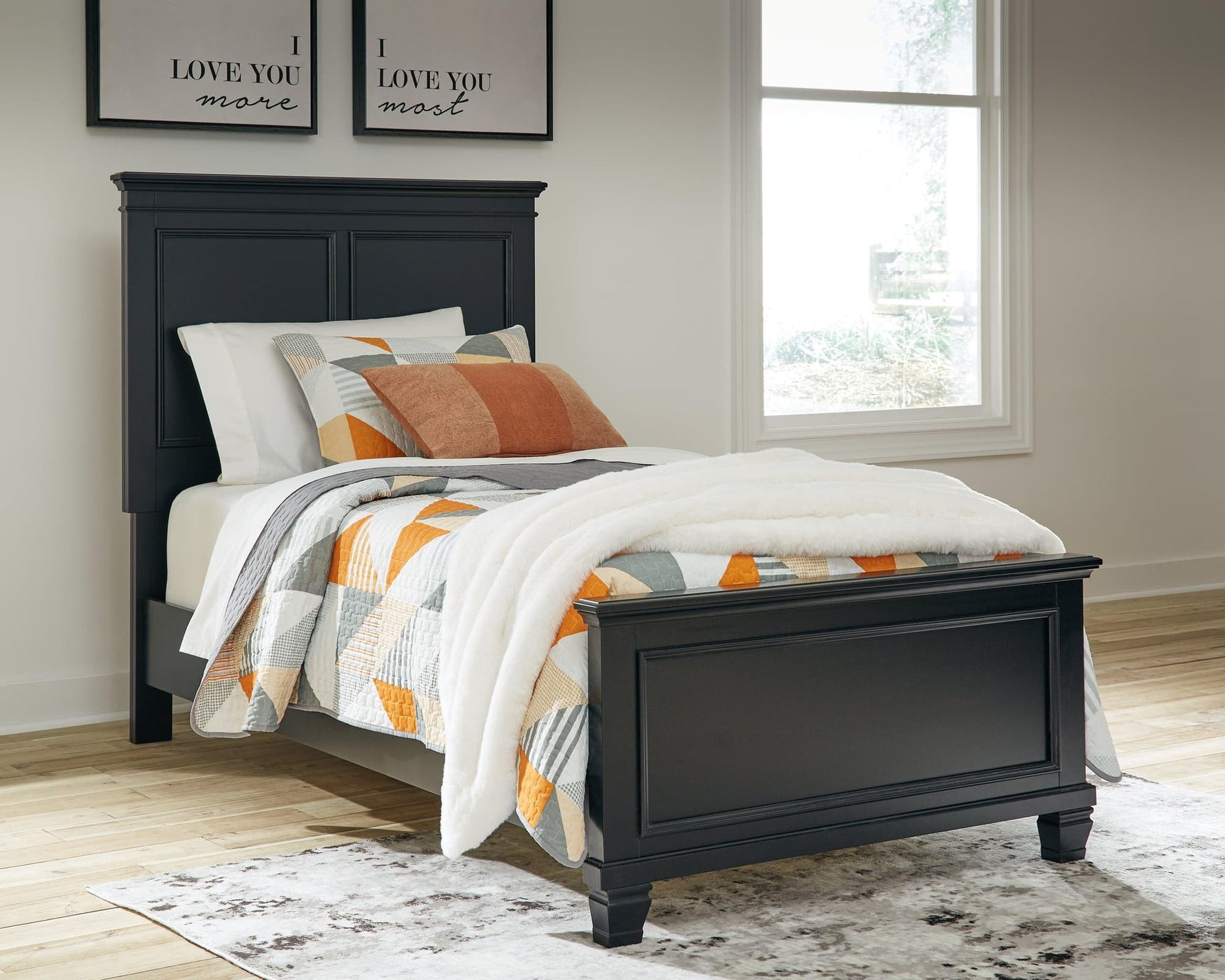 Lanolee Black Twin Panel Bed angled view showing headboard