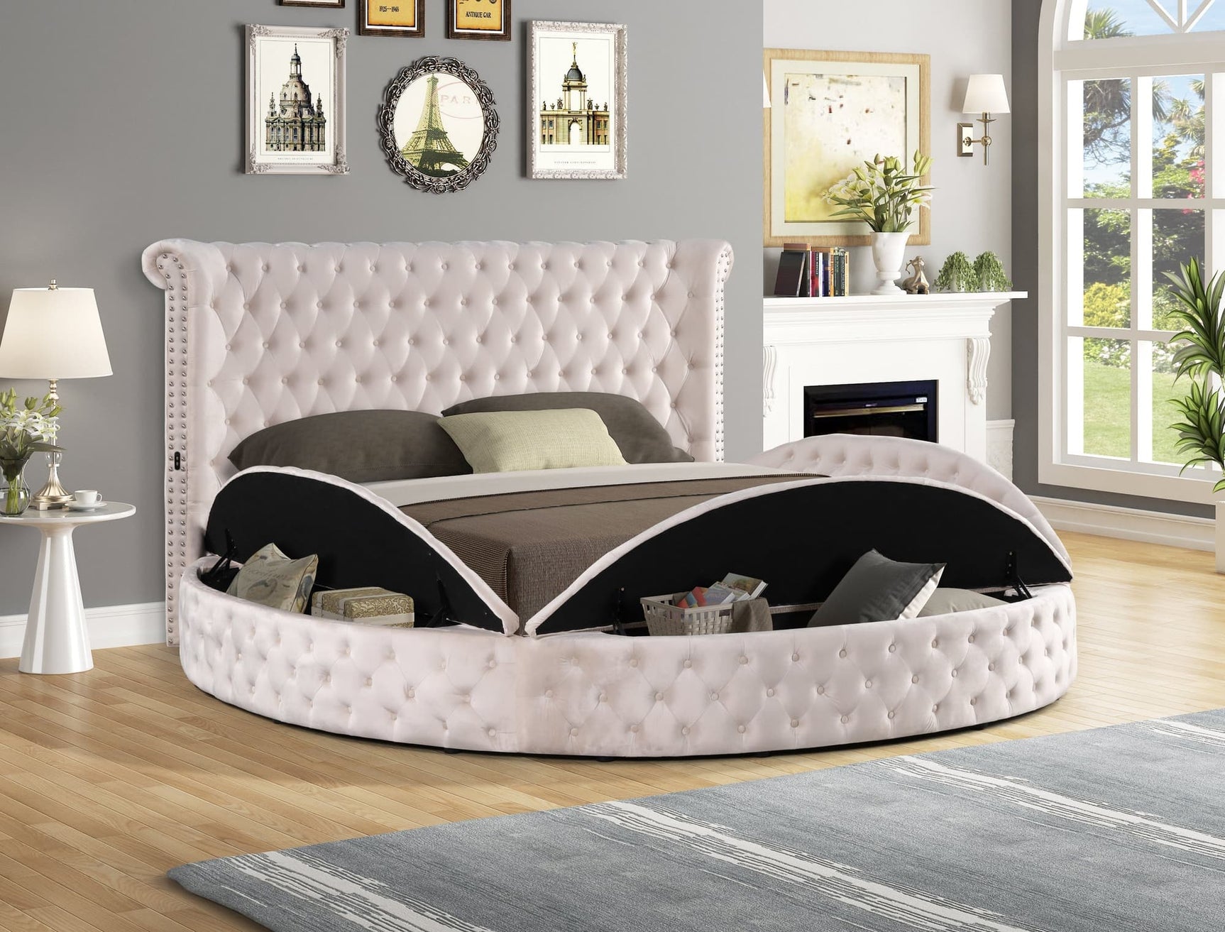 Penthouse Beige Velvet Upholstered Tufted King Bed front view