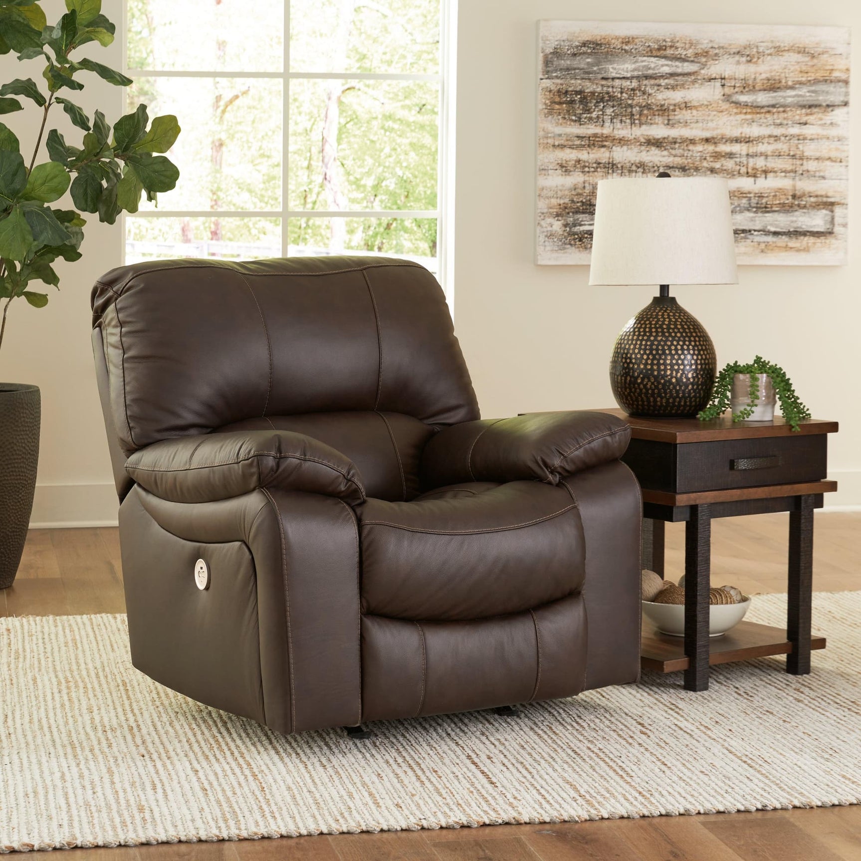 Front view of Leesworth Dark Brown Leather Power Recliner