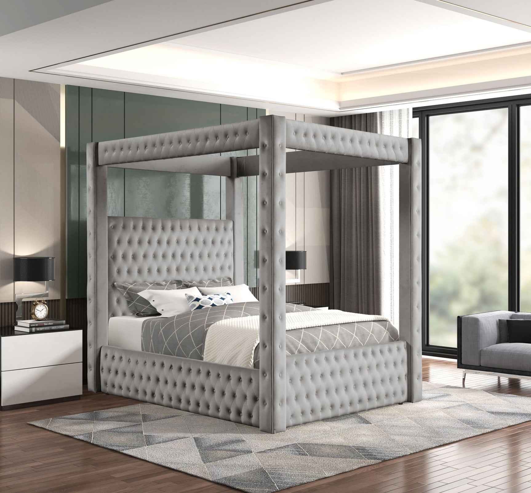 Castle Gray Velvet Upholstered Tufted Platform Queen Bed front view