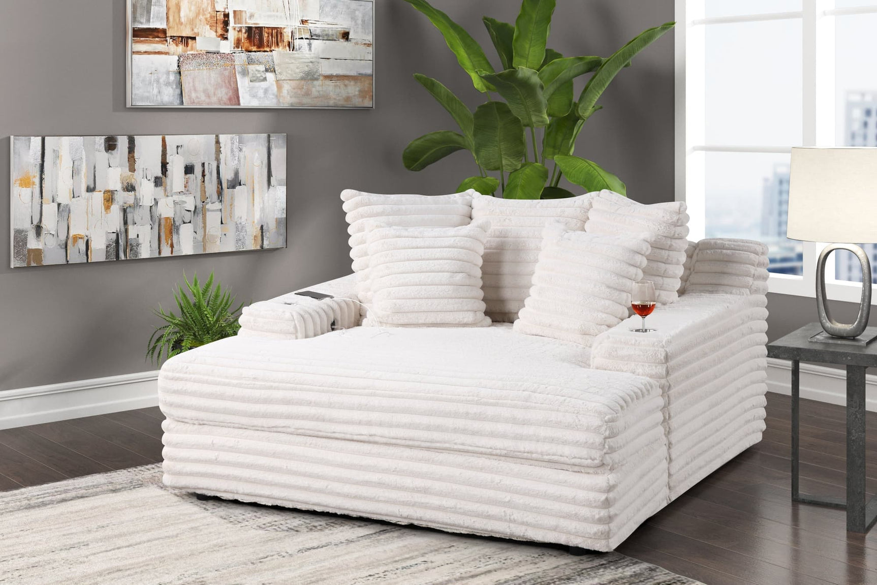 Happy Homes 4600 Beige Chaise Lounge angled view with cupholders and USB ports