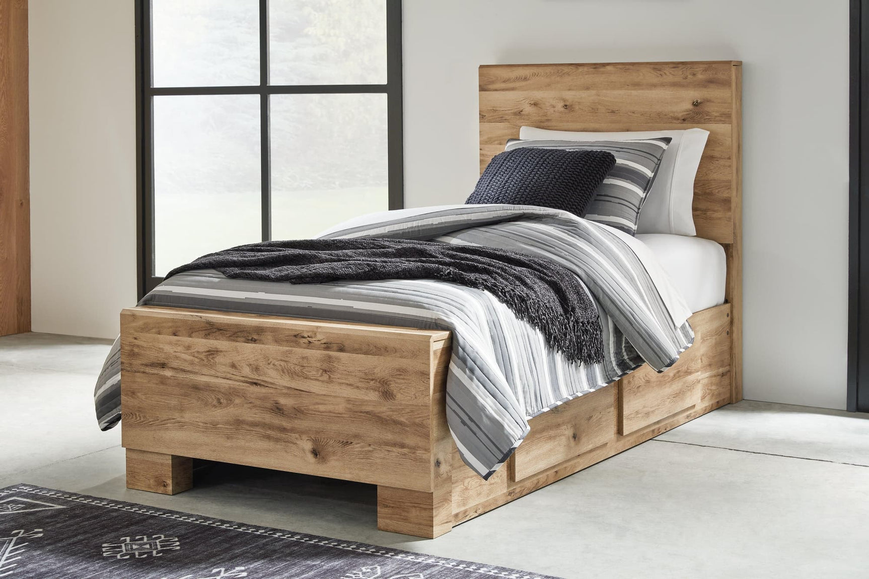 Hyanna Tan Brown Twin Panel Bed with storage drawers angled view