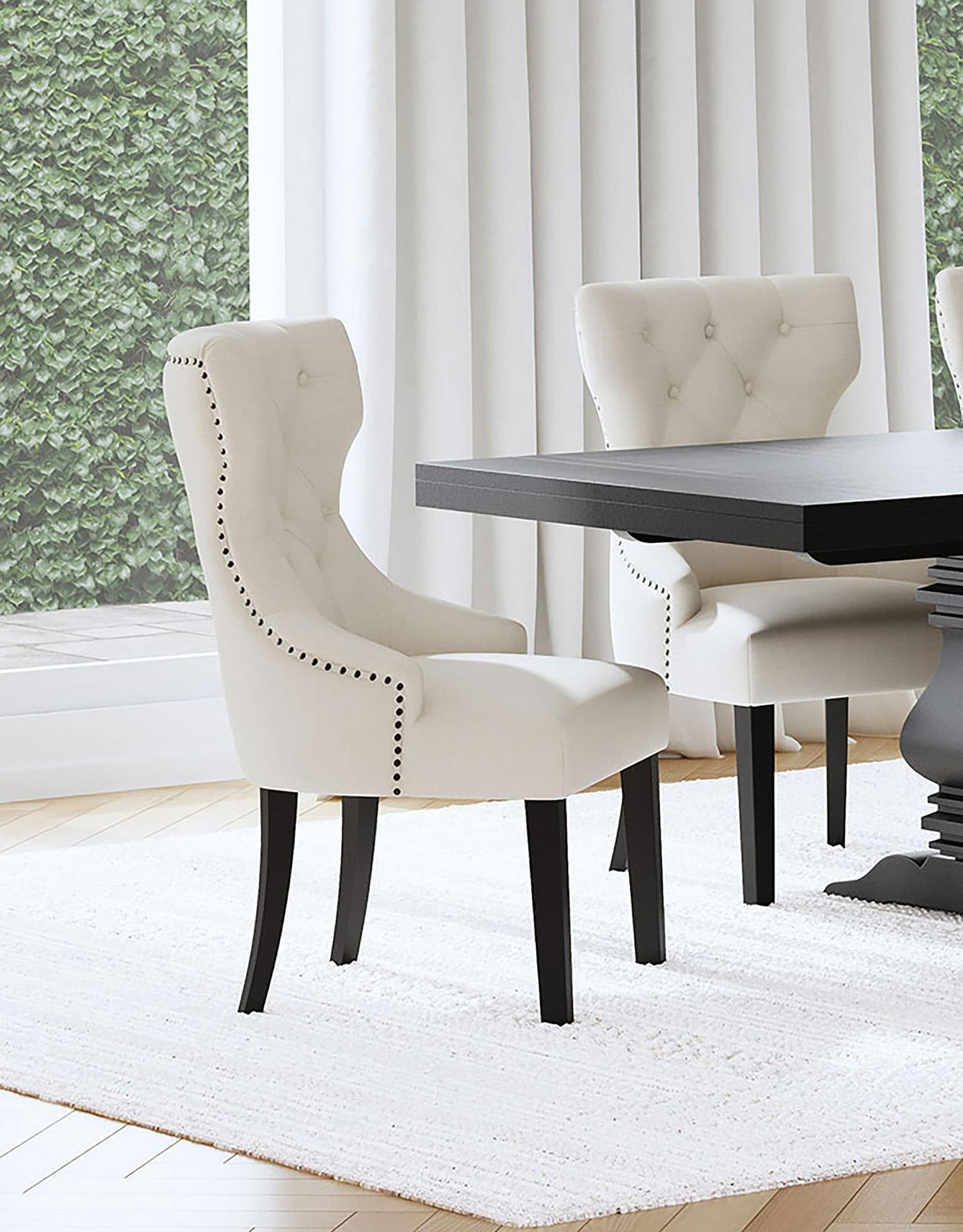 Baney beige fabric upholstered dining side chair front view