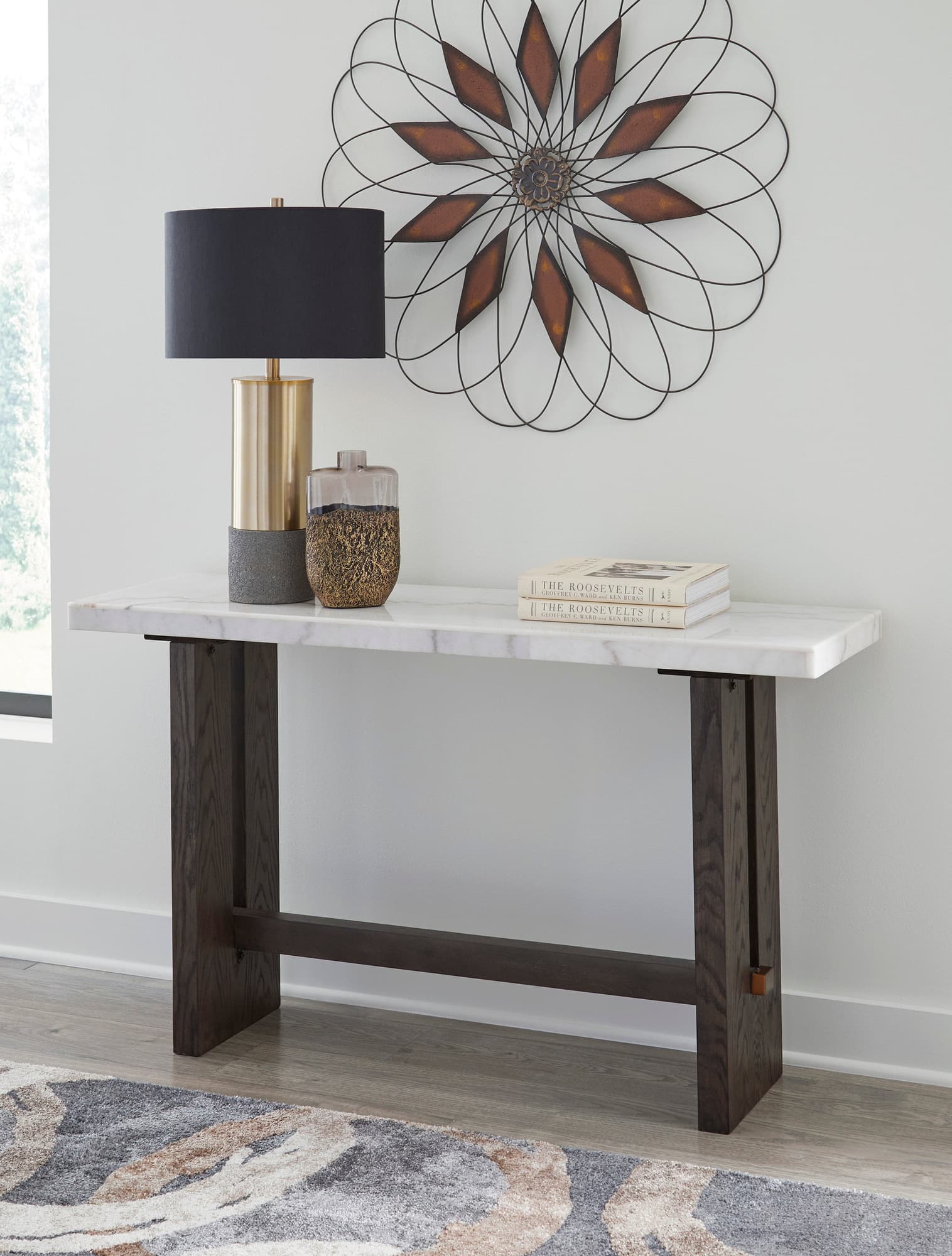 Burkhaus Mable Sofa Table front view showing marble top and plinth base