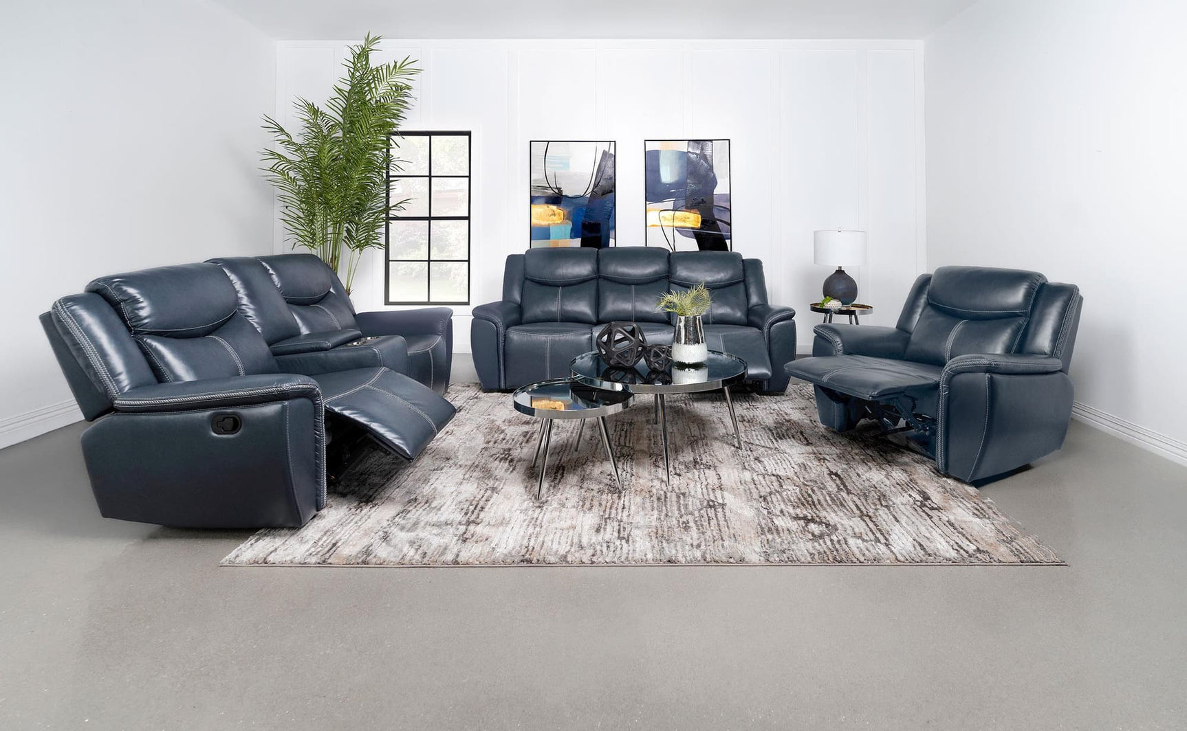 Sloane 3-piece blue upholstered motion reclining sofa set front angle