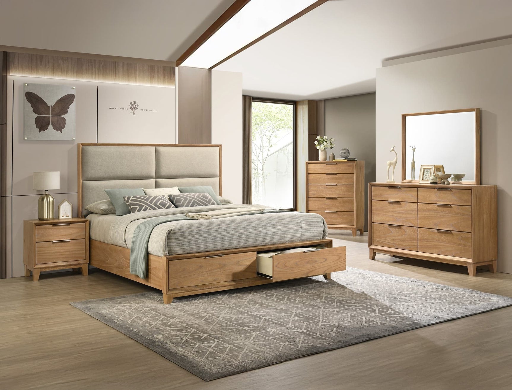 Florian light brown upholstered storage platform bed main view