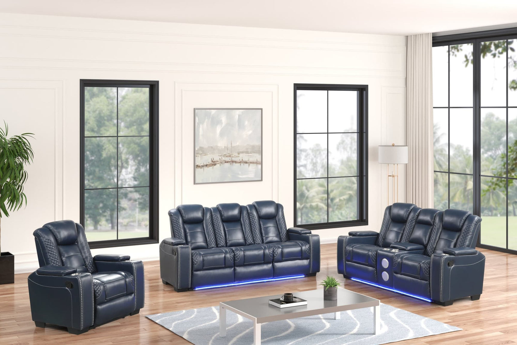 Front view of Stefano40 3-piece reclining set in blue leather gel