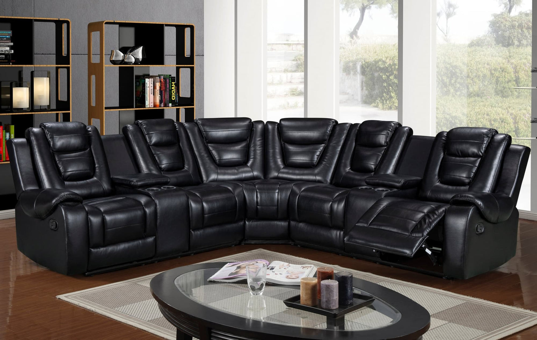Jordan2021 reclining sectional sofa in black leather gel, front angle